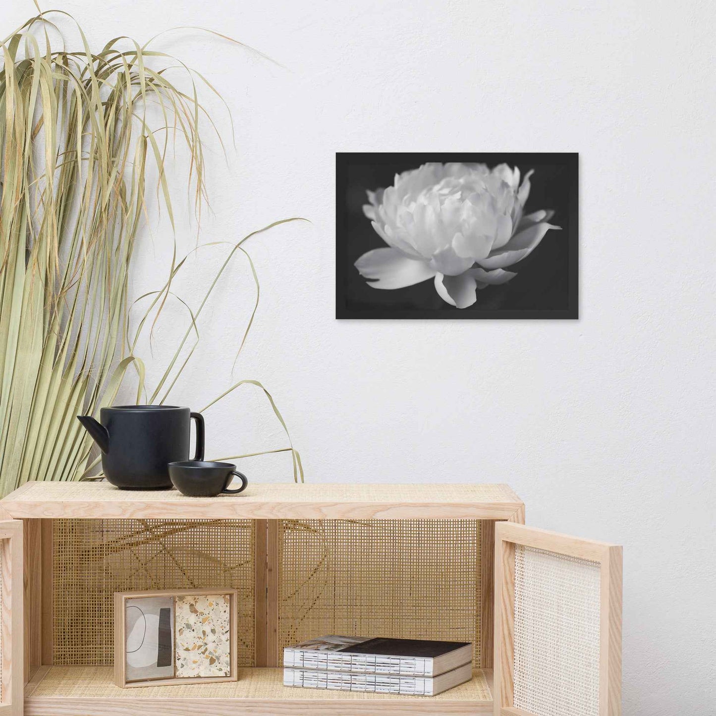 Velvet Shadows Floral Photorealistic Digital Artwork Peony Flower Prints Black and White Framed