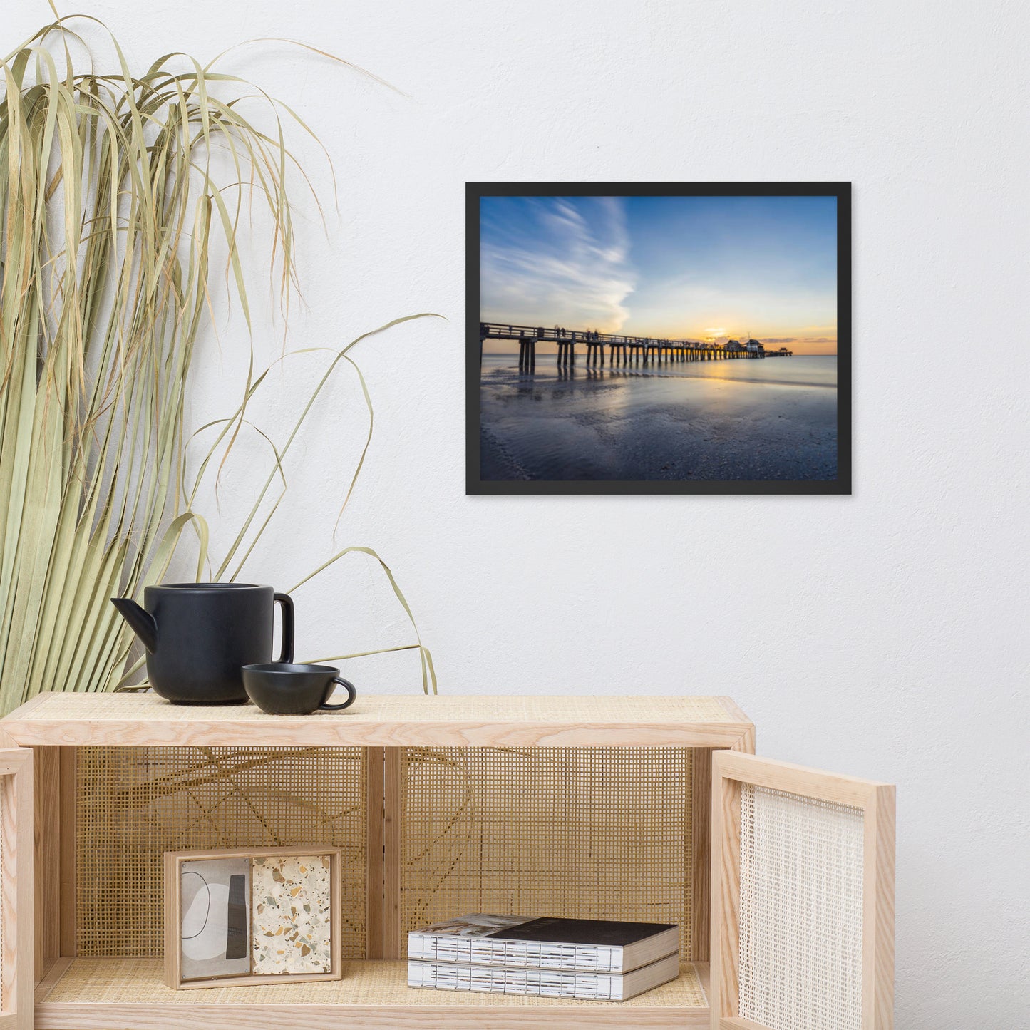 Sunset and the Naples Pier Coastal Beach Landscape Photograph Framed Wall Art Print