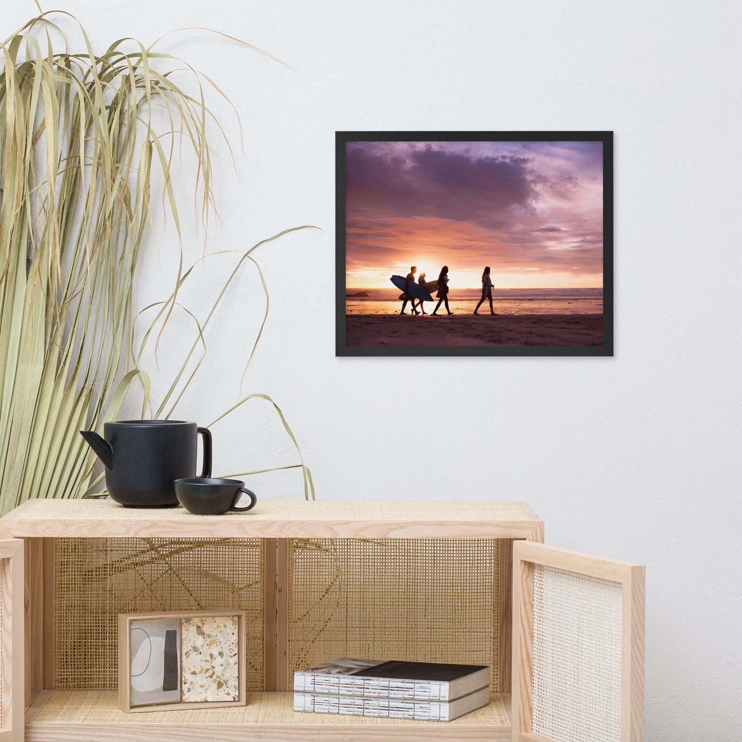 Surfers and Sunset on the Shore Coastal Landscape Lifestyle Photograph Framed Wall Art Print