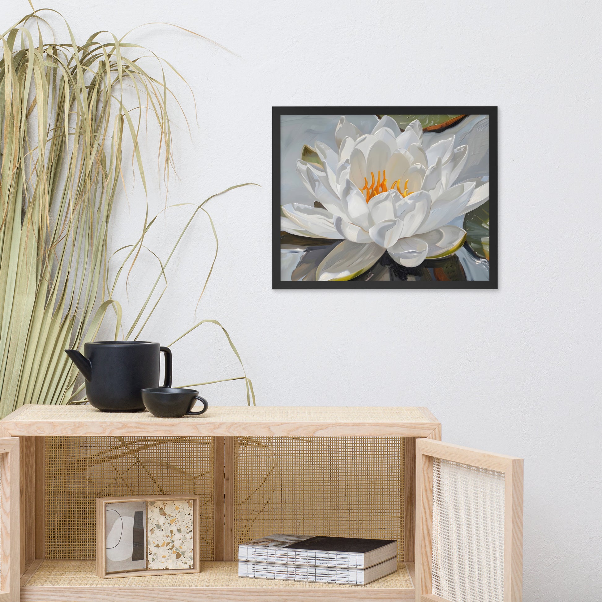 Peaceful White Waterlily Floral Botanical Digital Artwork Framed Wall Art Print