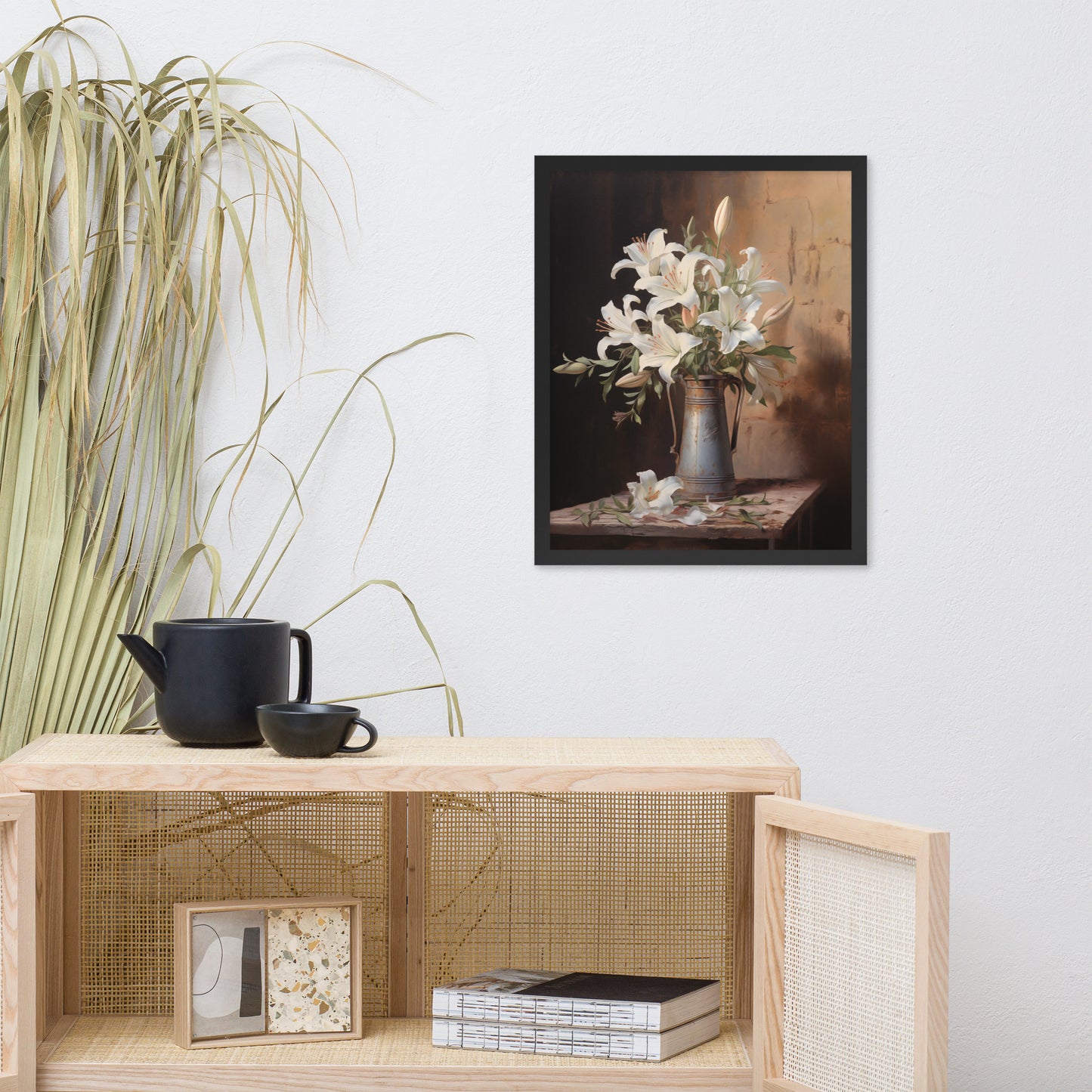 Rustic Framed Prints: Luminous Tranquility Vase with Flowers Floral Still Life Pastel Drawing Painting Effect Digital Wall Art Print Black Frame 16" x 20"