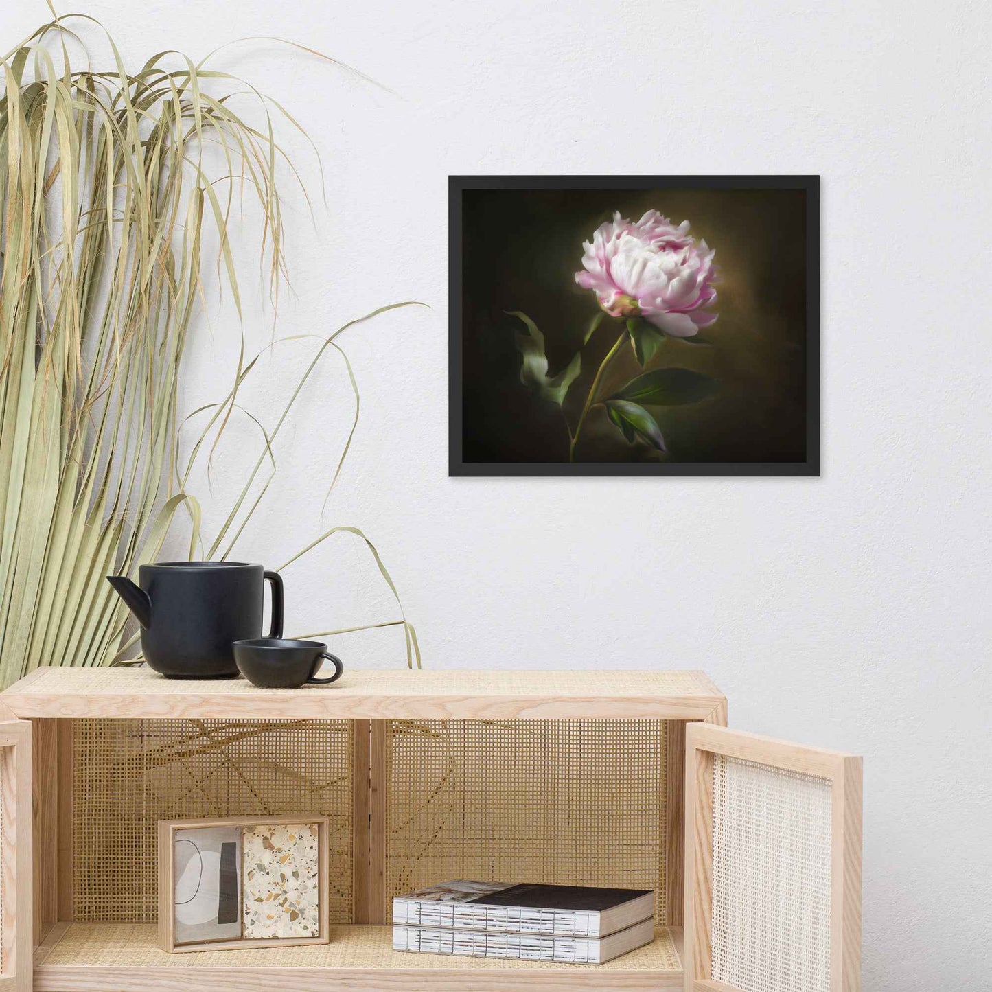 Midnight Radiance Floral Digital Artwork Peony Painting Framed Wall Art Print