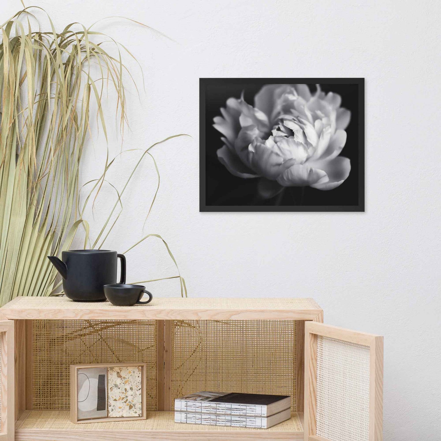 Shadow and Silk Floral Photorealistic Digital Art Peony Artwork Framed Print