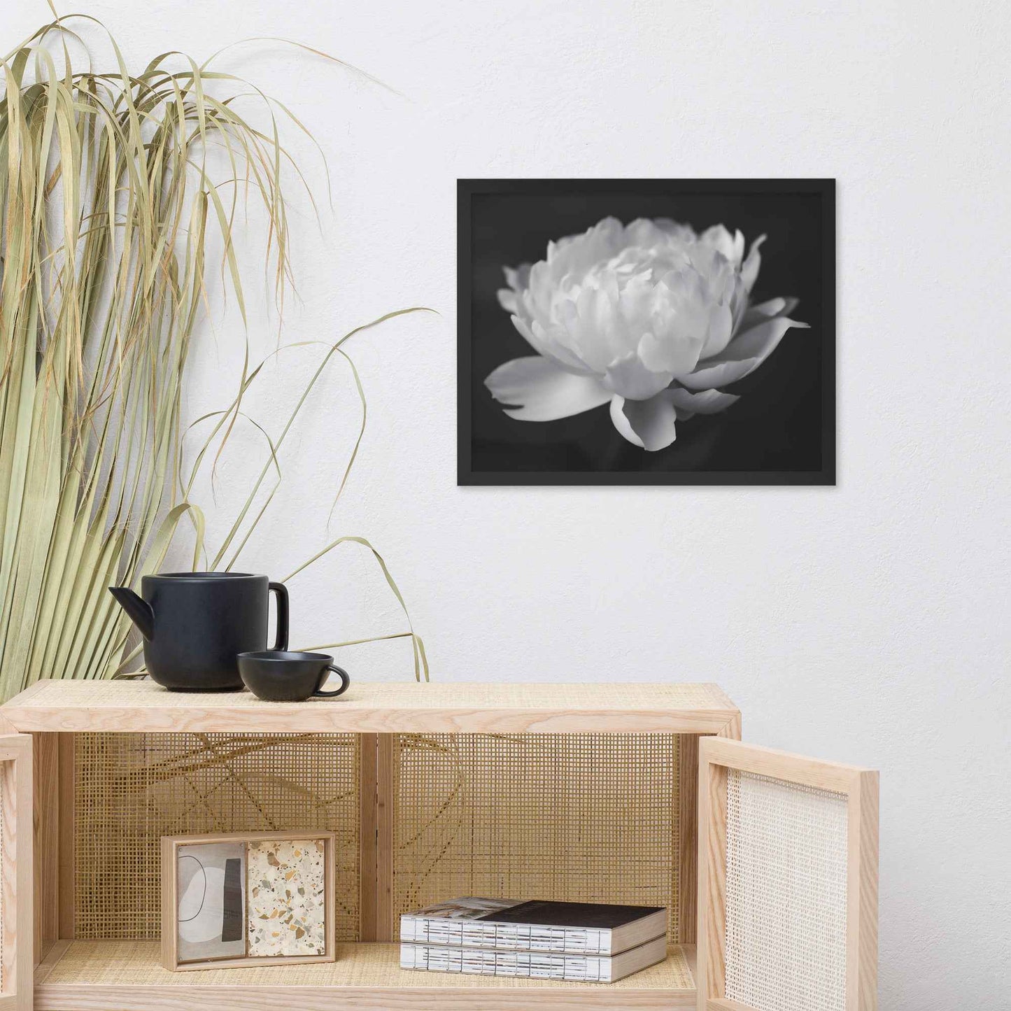 Velvet Shadows Floral Photorealistic Digital Artwork Peony Flower Prints Black and White Framed