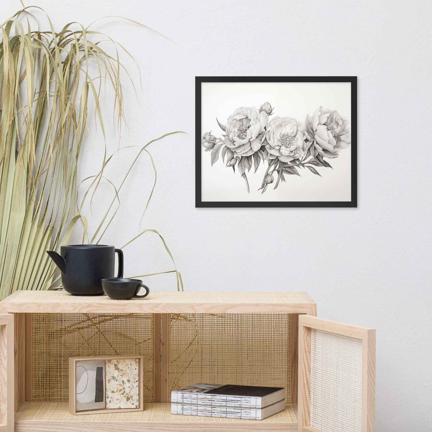 Floral Finesse Pencil Sketch Illustration - Digital Artwork Framed Wall Art Print