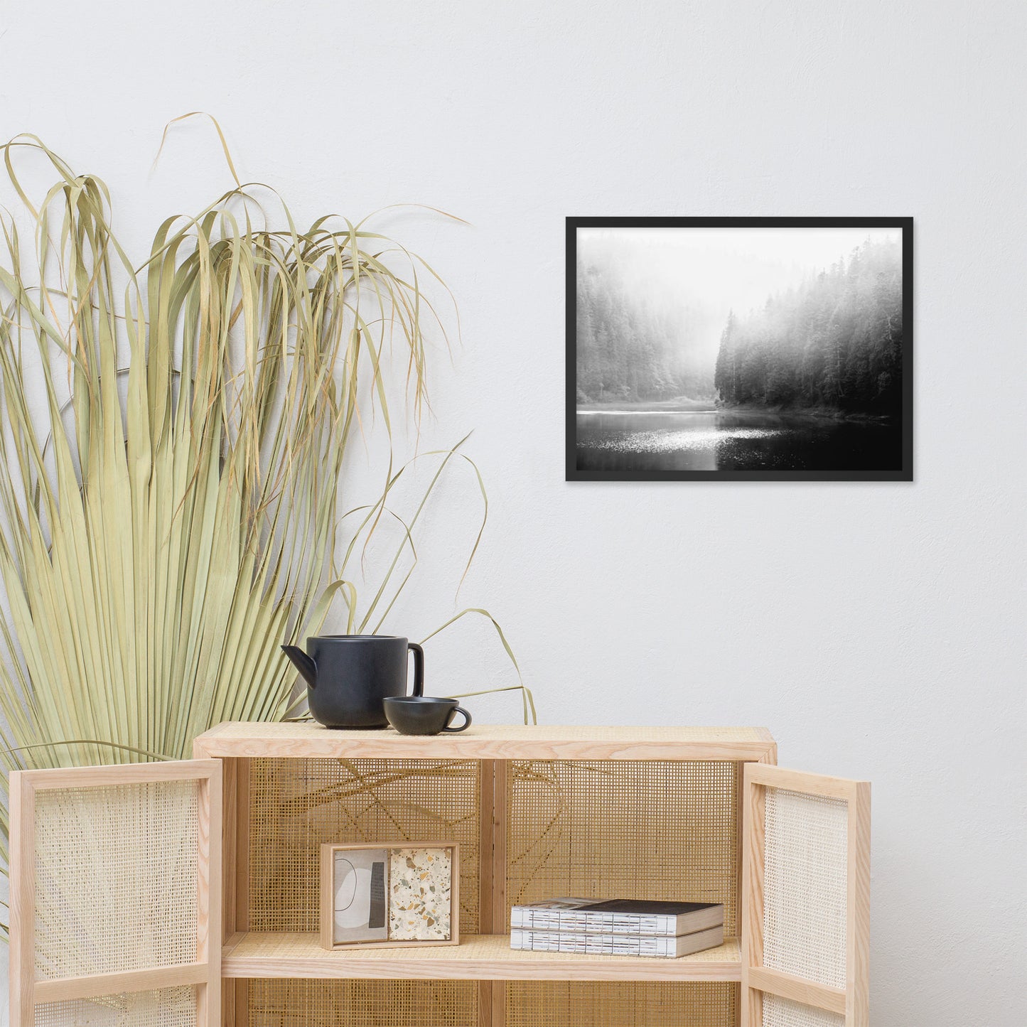 Foggy River and Pine Trees Rustic Landscape Photograph Framed Wall Art Print