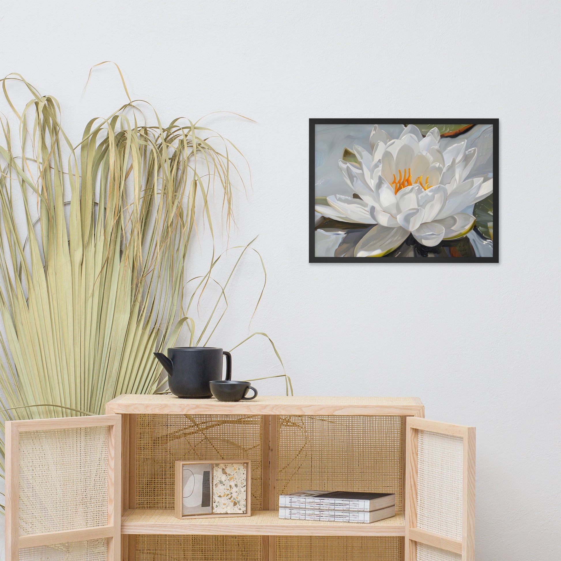 Peaceful White Waterlily Floral Botanical Digital Artwork Framed Wall Art Print