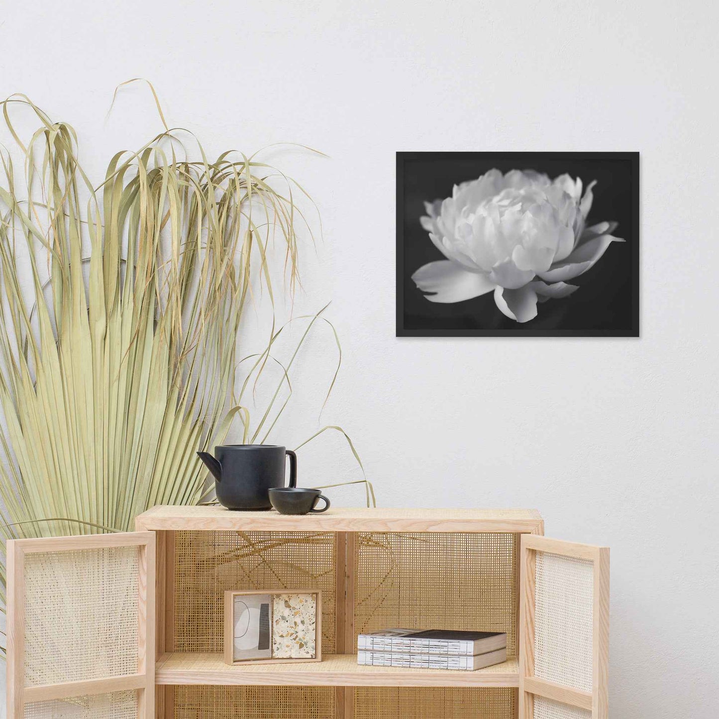 Velvet Shadows Floral Photorealistic Digital Artwork Peony Flower Prints Black and White Framed
