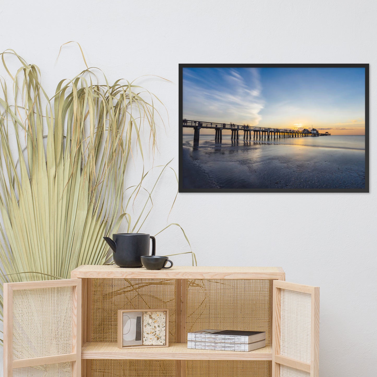 Sunset and the Naples Pier Coastal Beach Landscape Photograph Framed Wall Art Print