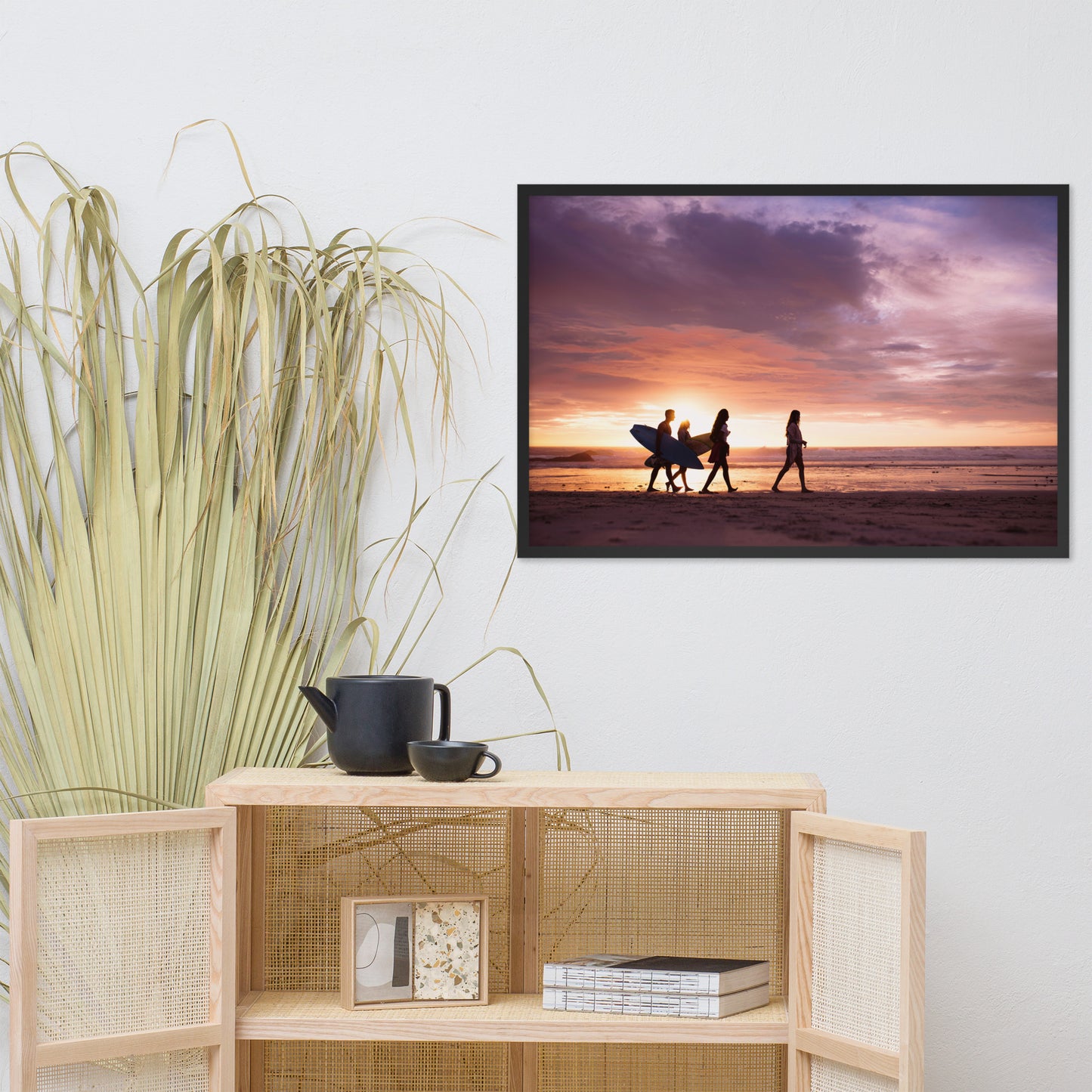 Surfers and Sunset on the Shore Coastal Landscape Lifestyle Photograph Framed Wall Art Print