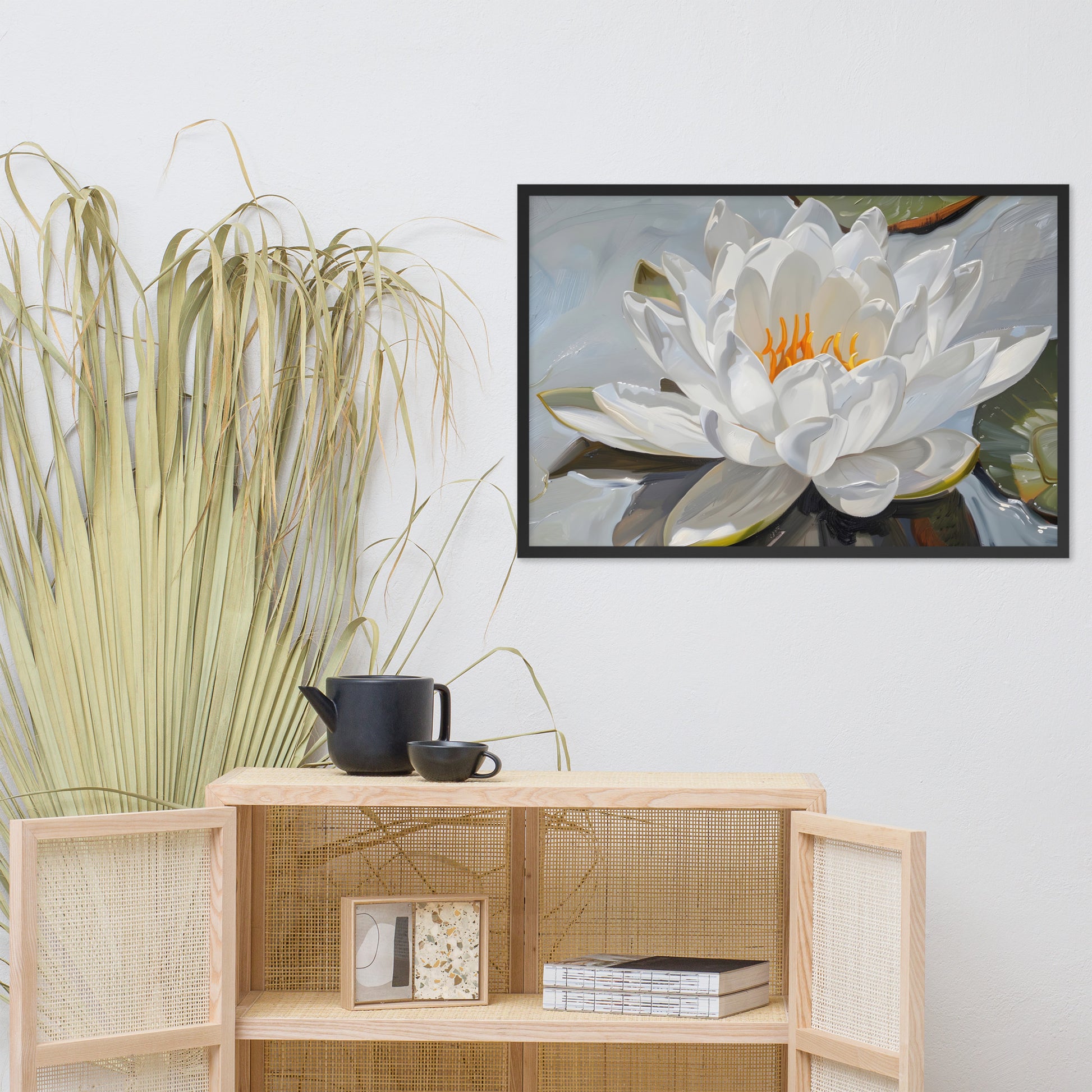 Peaceful White Waterlily Floral Botanical Digital Artwork Framed Wall Art Print