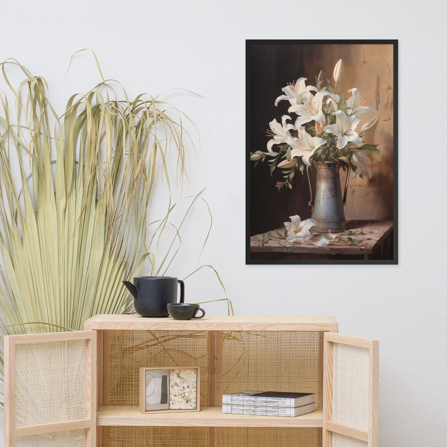 Rustic White Wall Art: Luminous Tranquility Vase with Flowers Floral Still Life Pastel Drawing Painting Effect Digital Wall Art Print Black Frame 24" x 36"