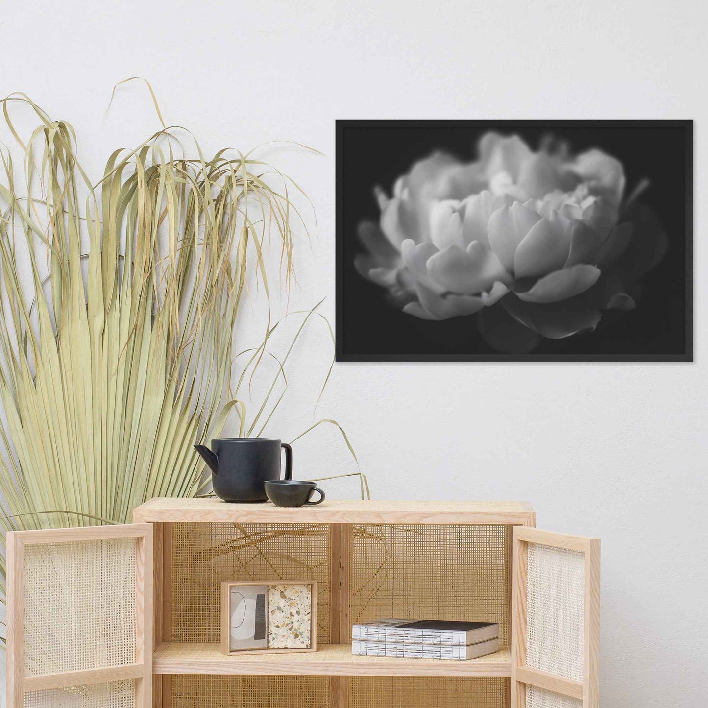 Contrast in Nature Floral Photorealistic Digital Artwork Peonies Wall Art Black and White Framed Art Print
