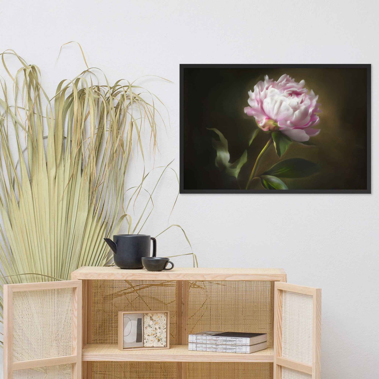 Midnight Radiance Floral Digital Artwork Peony Painting Framed Wall Art Print
