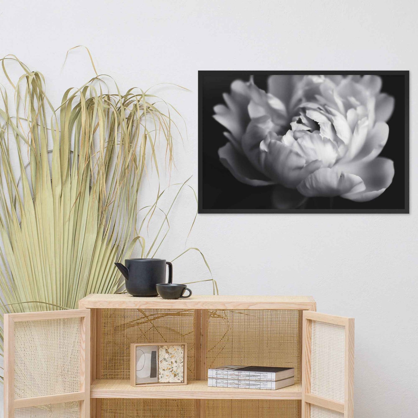 Shadow and Silk Floral Photorealistic Digital Art Peony Artwork Framed Print