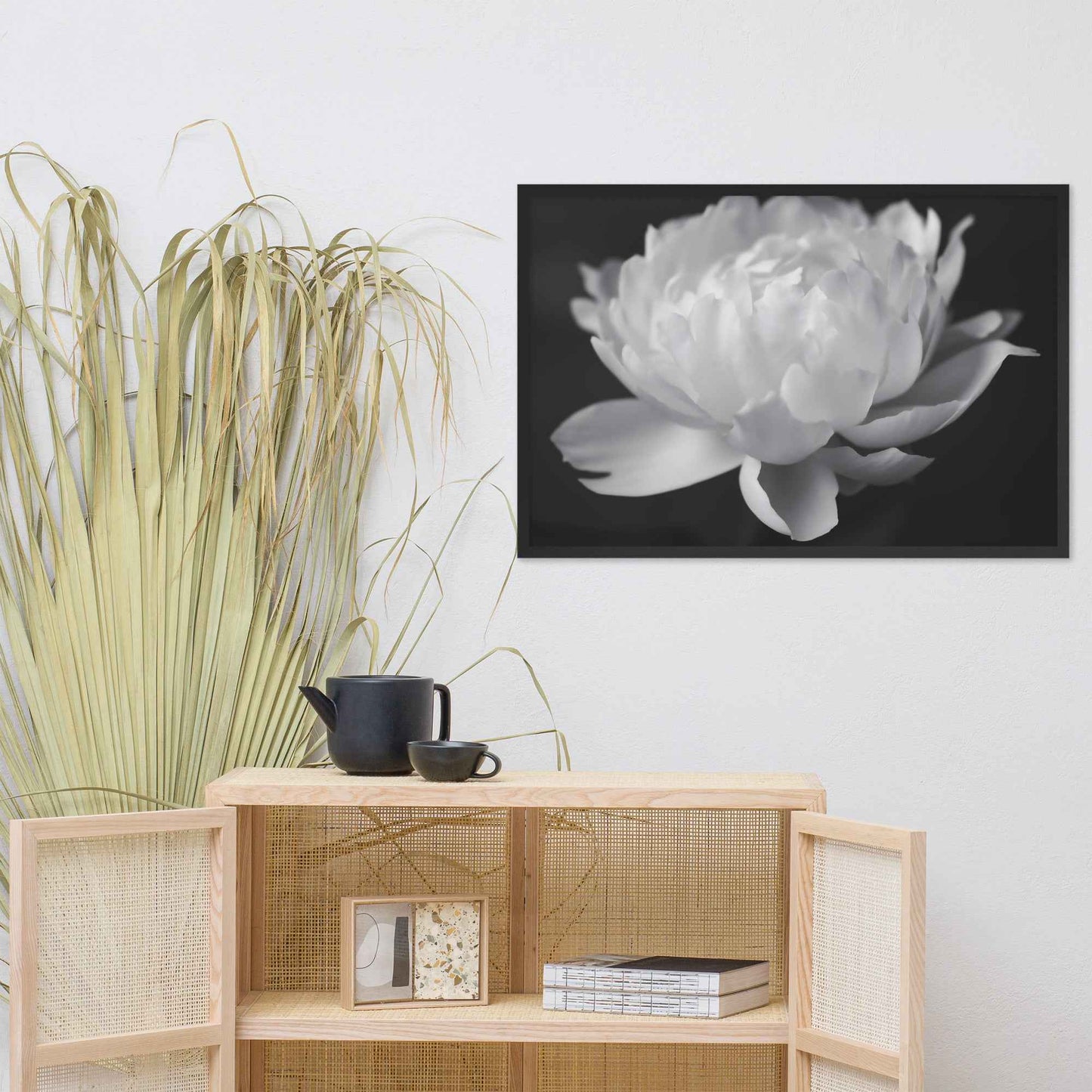 Velvet Shadows Floral Photorealistic Digital Artwork Peony Flower Prints Black and White Framed