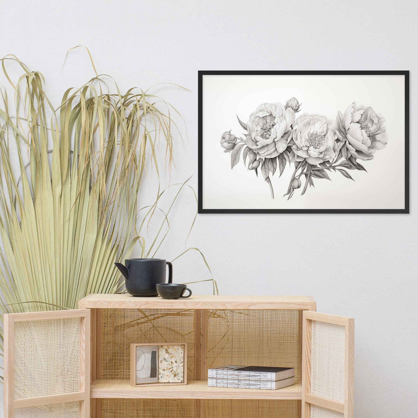 Floral Finesse Pencil Sketch Illustration - Digital Artwork Framed Wall Art Print