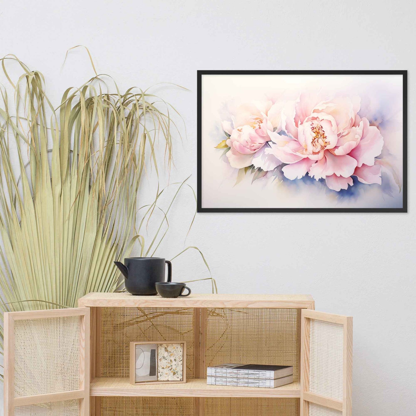 Softness in Bloom Watercolor Painting - Digital Artwork Famed Wall Art Print