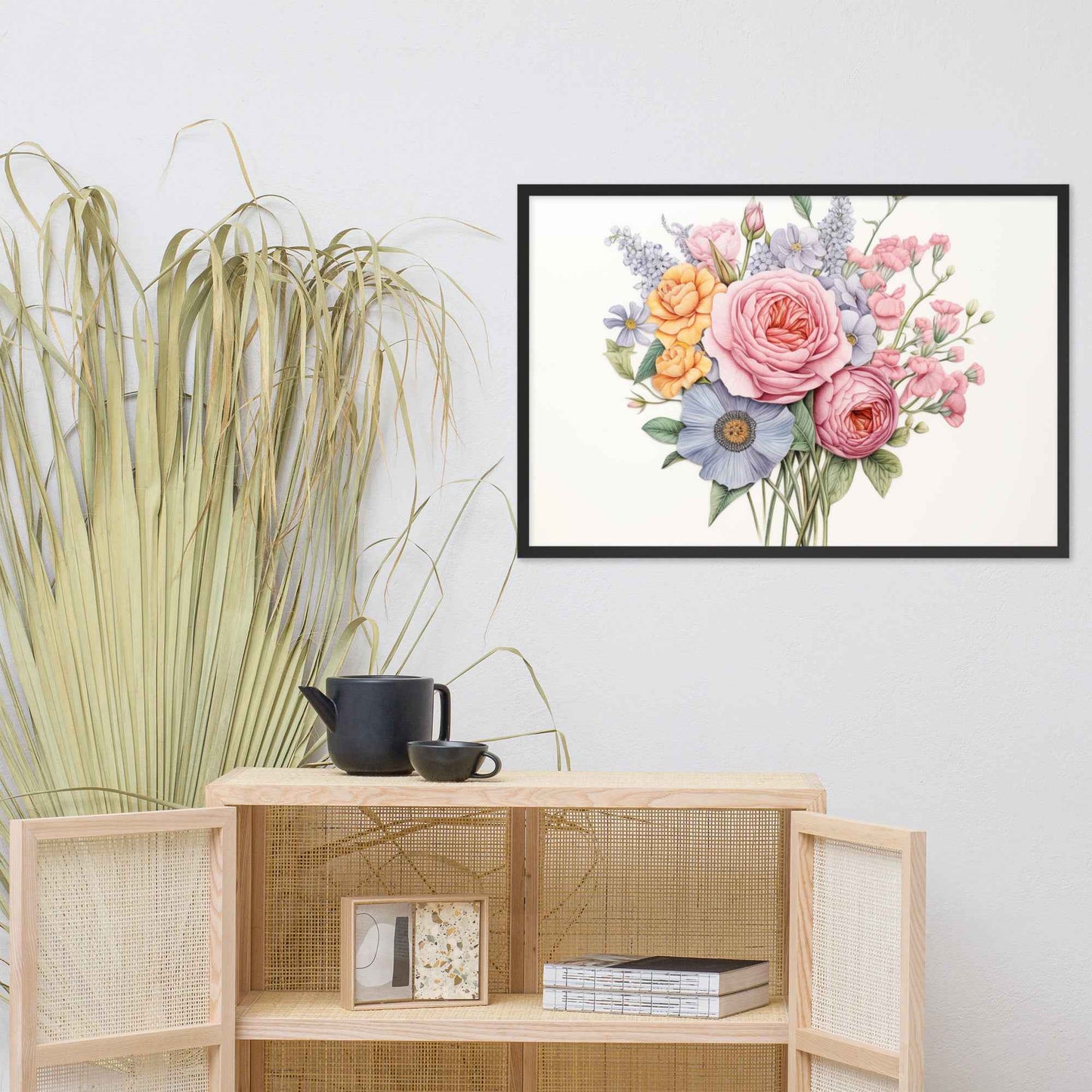 Spring Serenade Colorful Bouquet Color Pencil Drawing - Digital Artwork Framed Wall Art Print