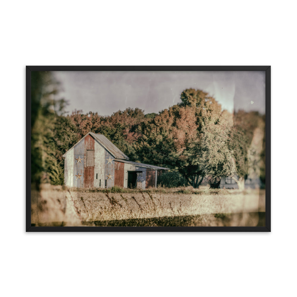 Patriotic Weathered Barn in Field - Glass Plate Framed Photo Paper Wall Art Prints