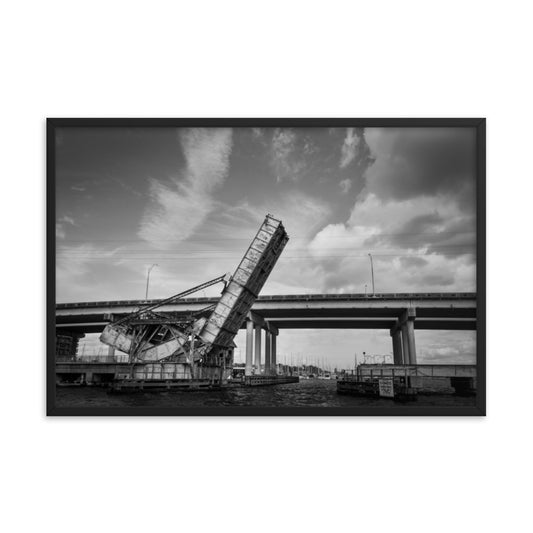 Train Drawbridge Jacksonville Black and White Cityscape Photo Framed Wall Art Print