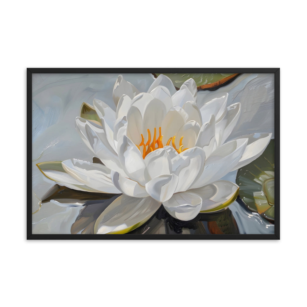 Peaceful White Waterlily Floral Botanical Digital Artwork Framed Wall Art Print