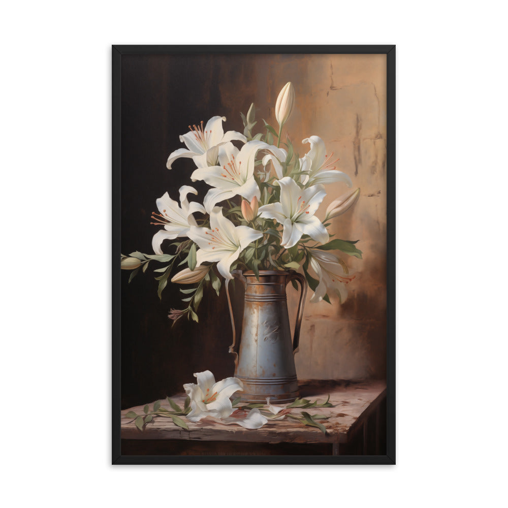 Framed Farmhouse Wall Art: Luminous Tranquility Vase with Flowers Floral Still Life Pastel Drawing Painting Effect Digital Wall Art Print Black Frame