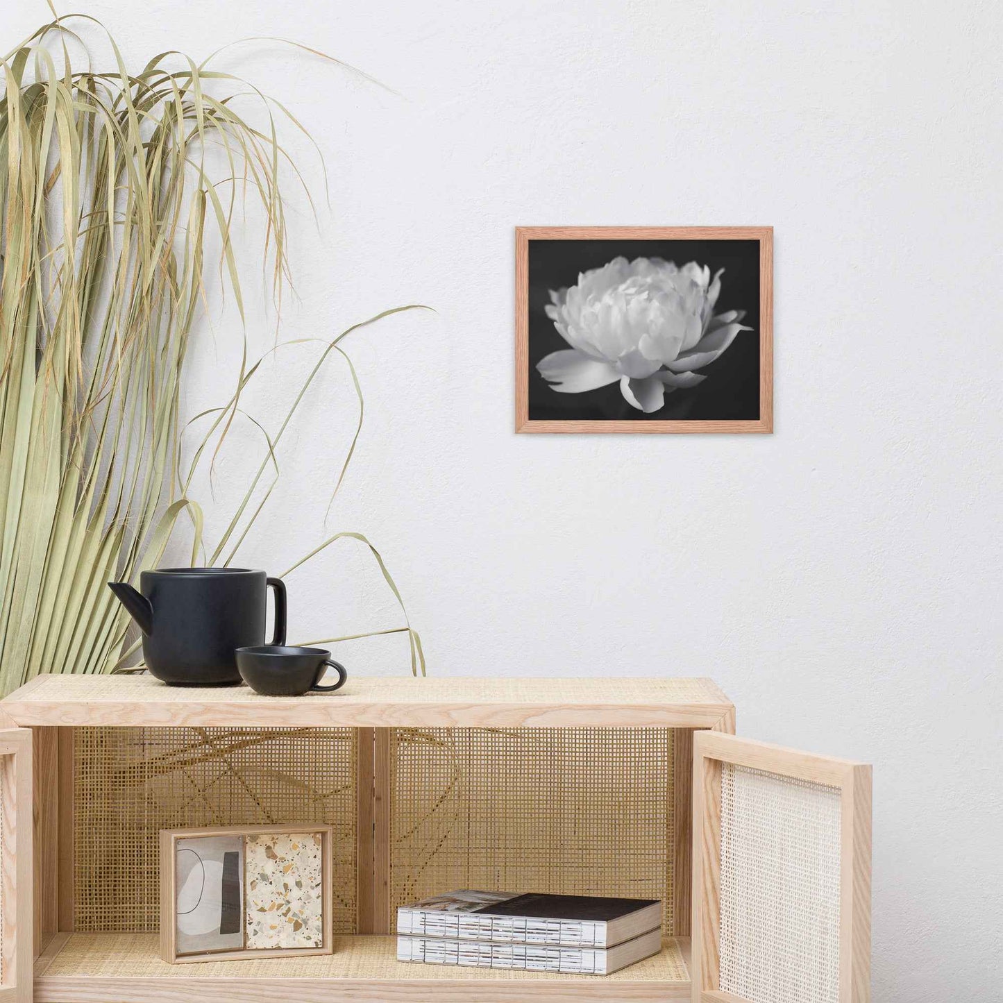 Velvet Shadows Floral Photorealistic Digital Artwork Peony Flower Prints Black and White Framed