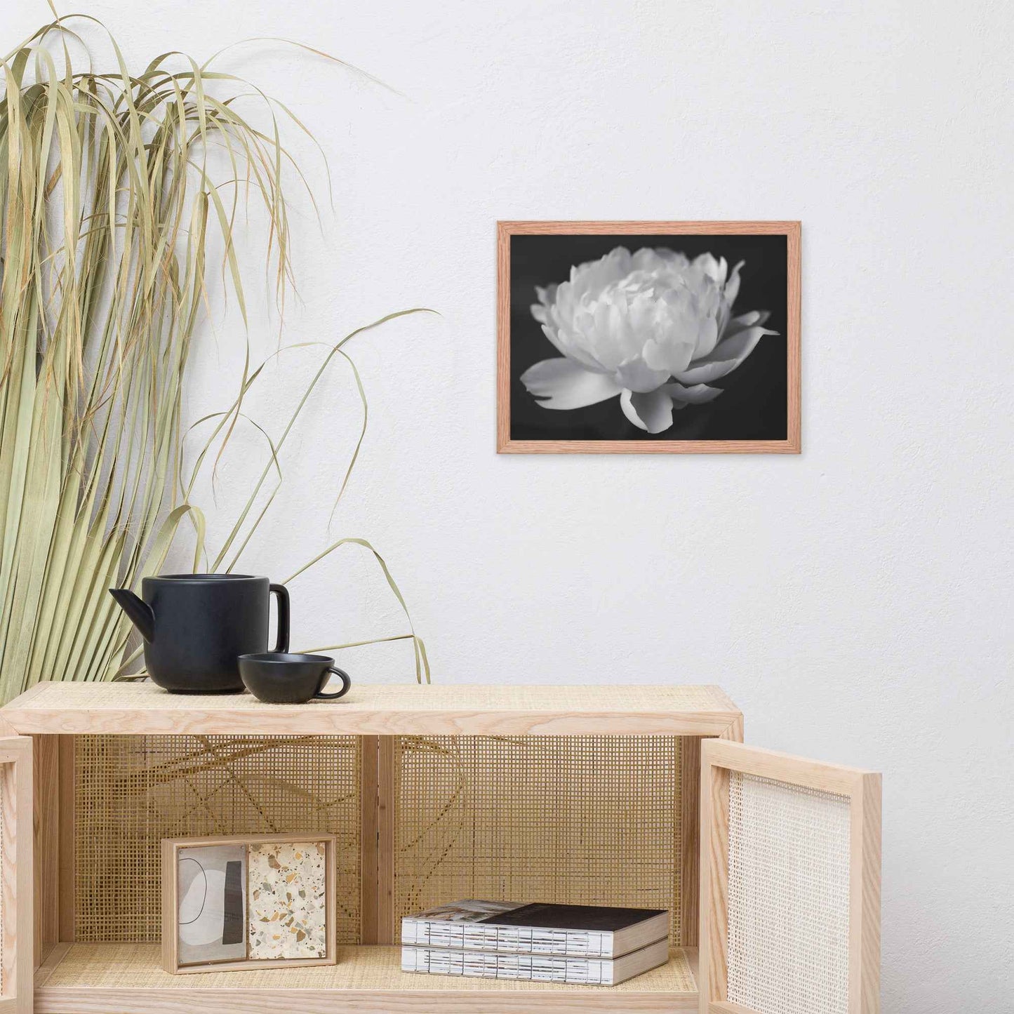 Velvet Shadows Floral Photorealistic Digital Artwork Peony Flower Prints Black and White Framed