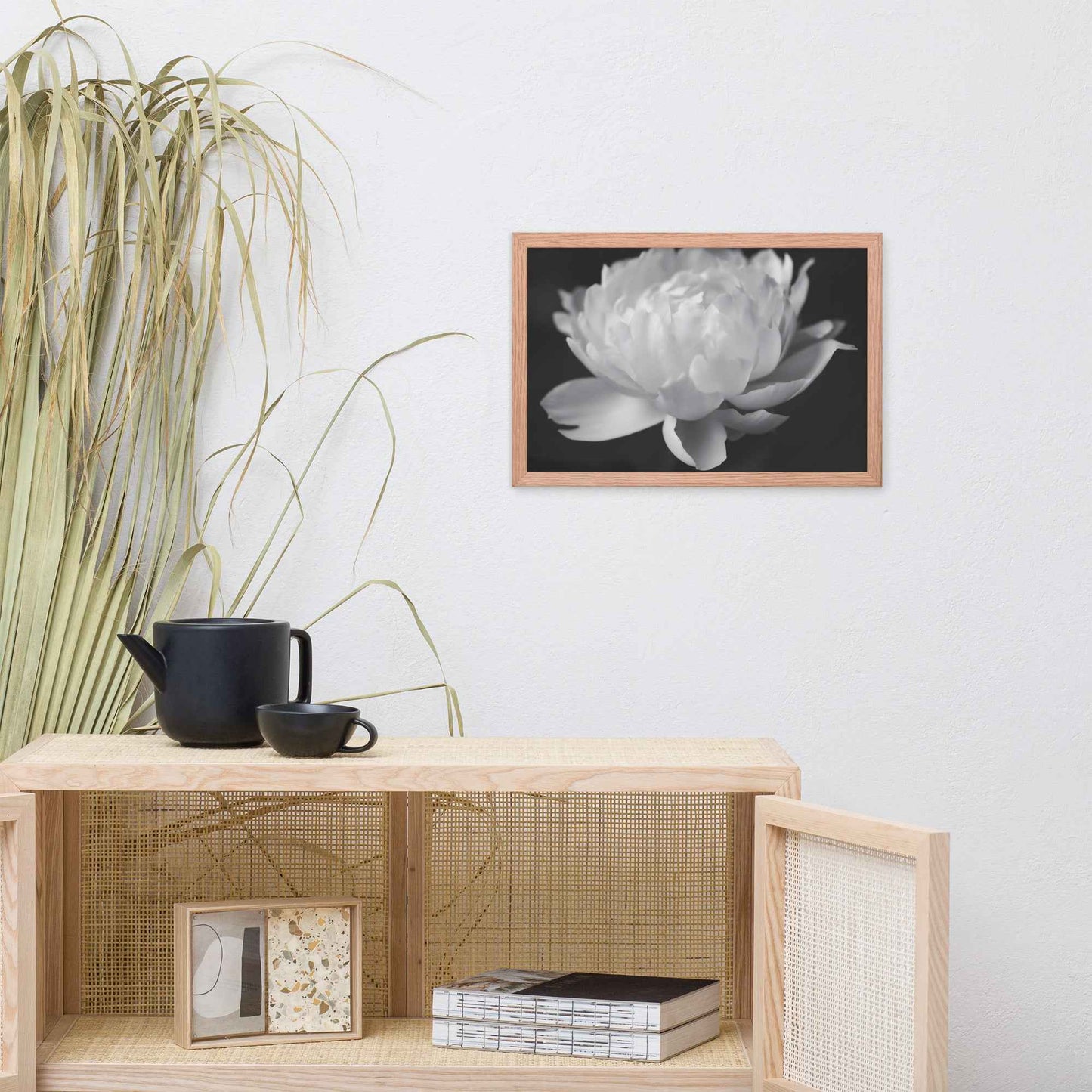 Velvet Shadows Floral Photorealistic Digital Artwork Peony Flower Prints Black and White Framed