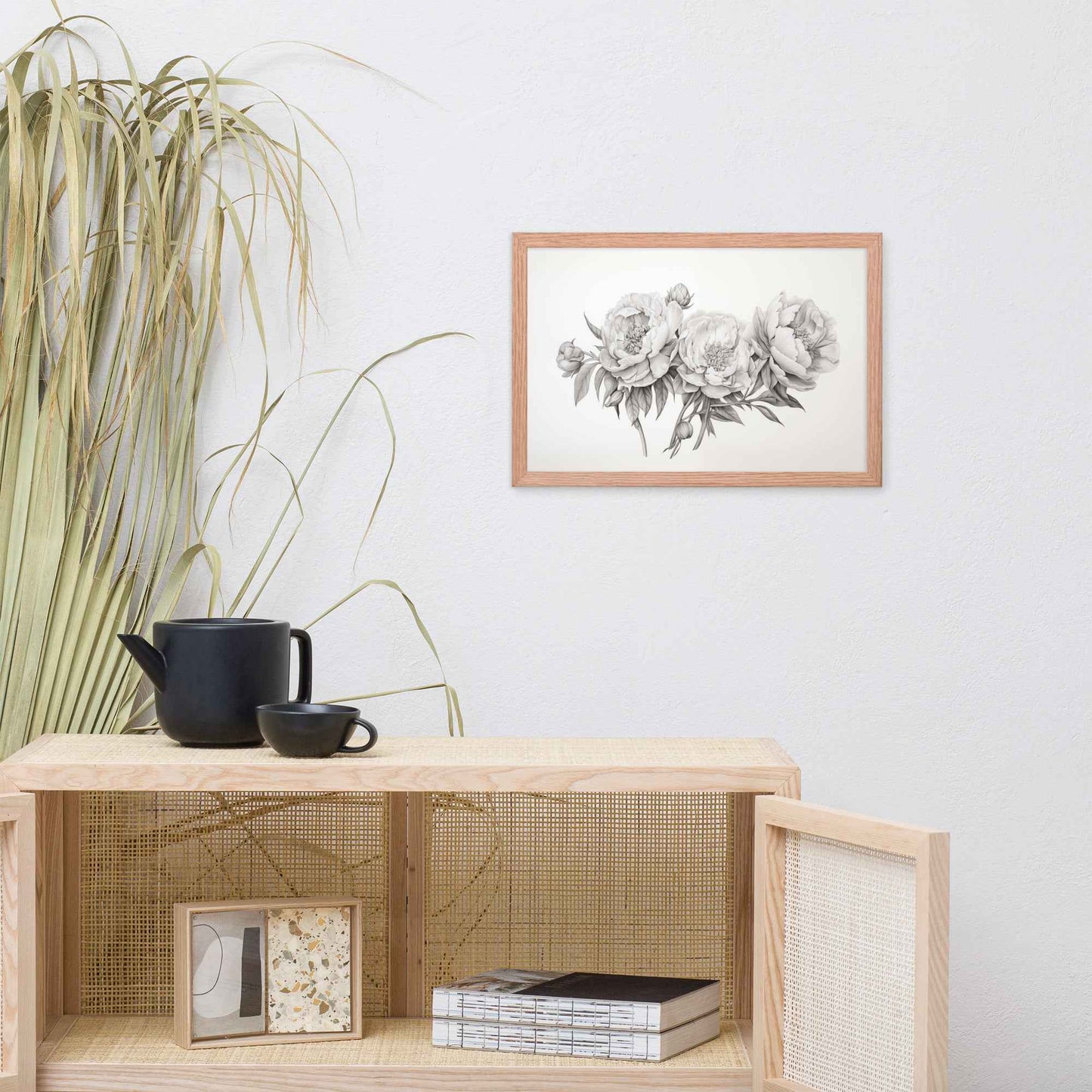 Floral Finesse Pencil Sketch Illustration - Digital Artwork Framed Wall Art Print