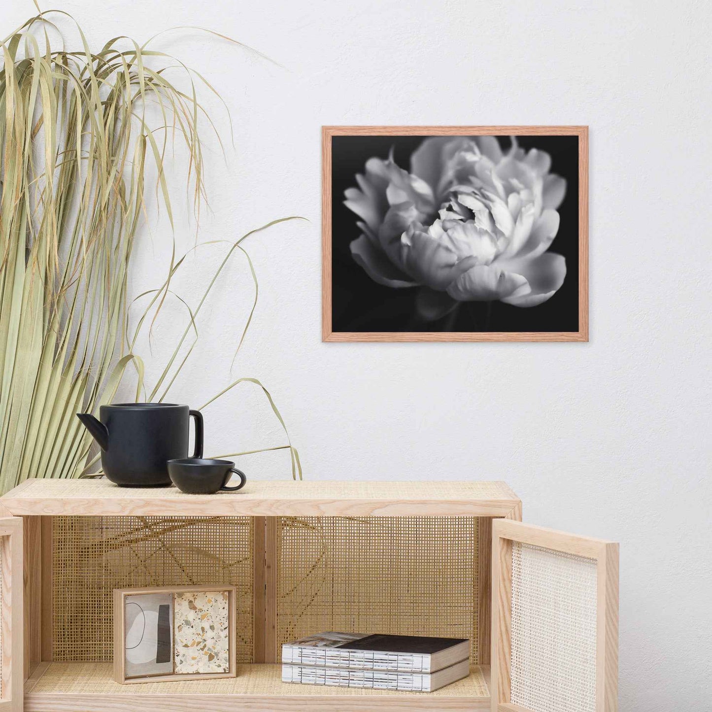 Shadow and Silk Floral Photorealistic Digital Art Peony Artwork Framed Print