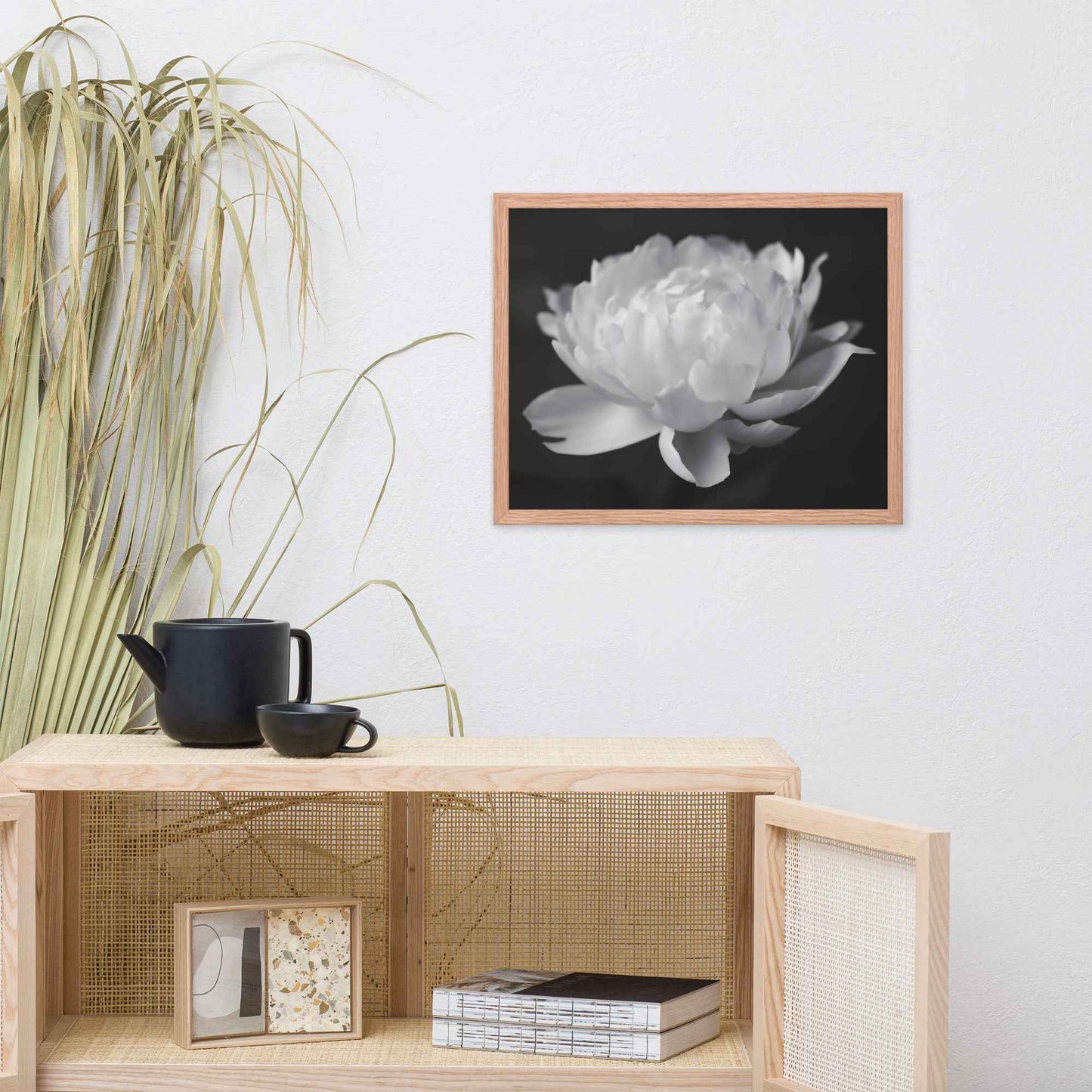 Velvet Shadows Floral Photorealistic Digital Artwork Peony Flower Prints Black and White Framed
