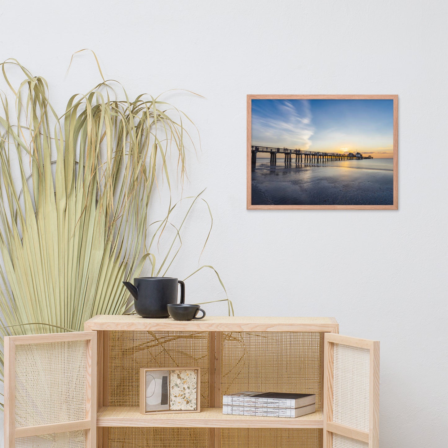 Sunset and the Naples Pier Coastal Beach Landscape Photograph Framed Wall Art Print