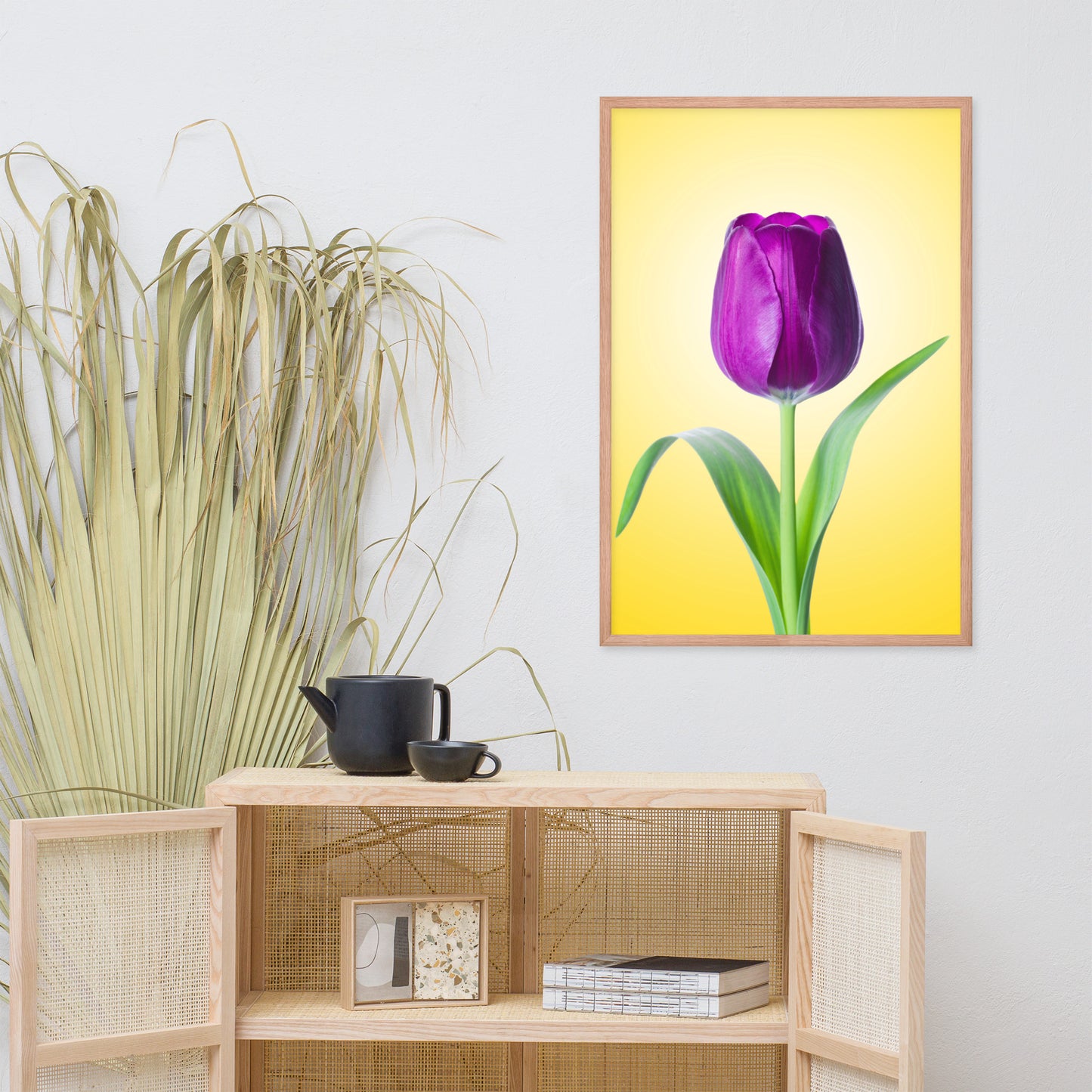Purple Tulip on Yellow Minimal Floral Nature Photo Framed Wall Art Print