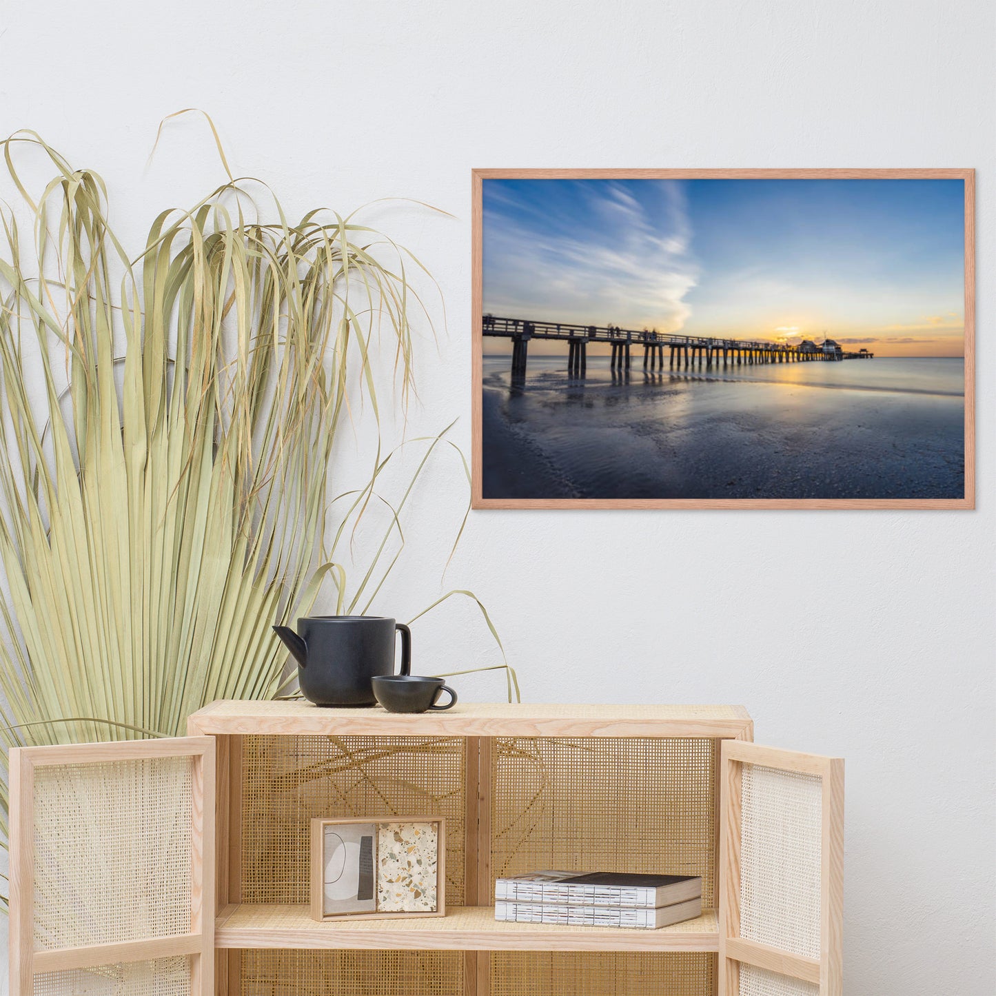 Sunset and the Naples Pier Coastal Beach Landscape Photograph Framed Wall Art Print