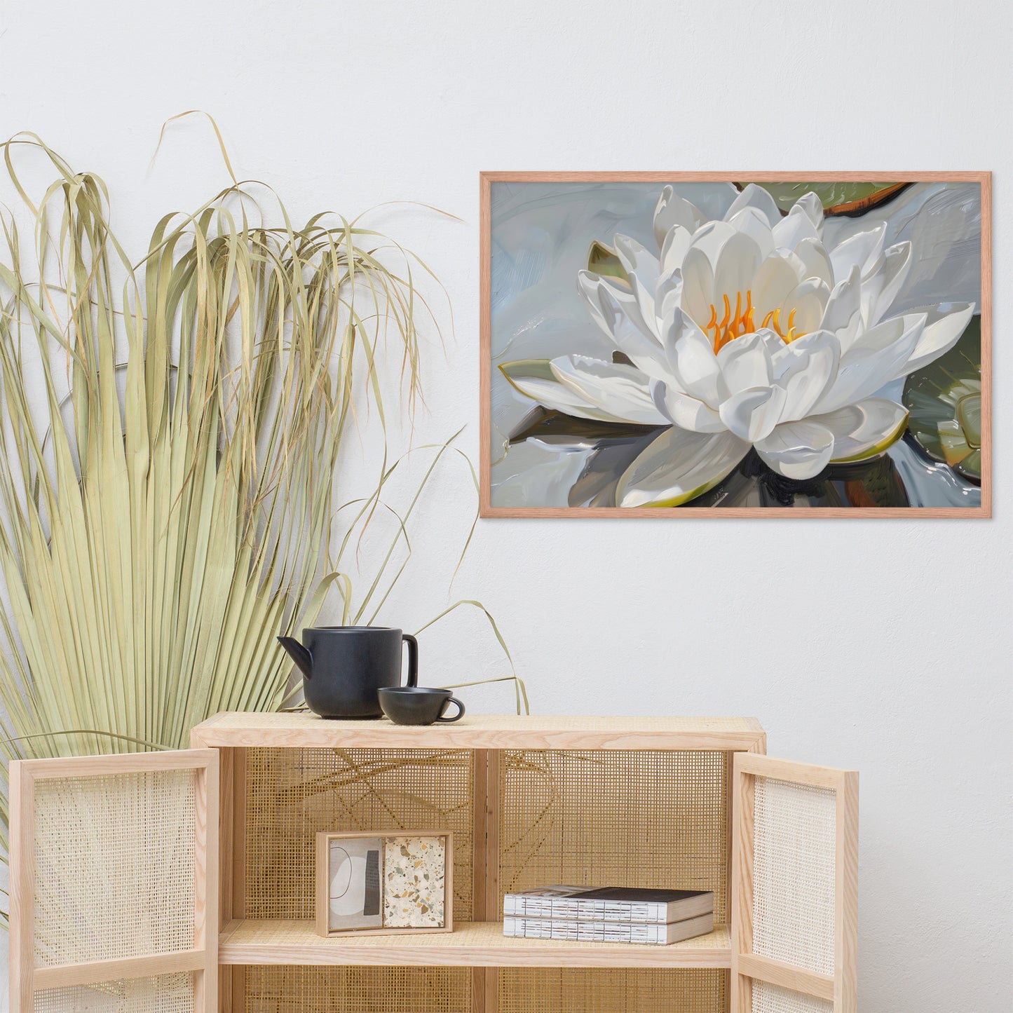 Peaceful White Waterlily Floral Botanical Digital Artwork Framed Wall Art Print