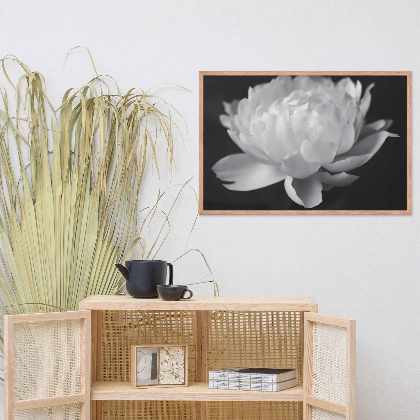 Velvet Shadows Floral Photorealistic Digital Artwork Peony Flower Prints Black and White Framed