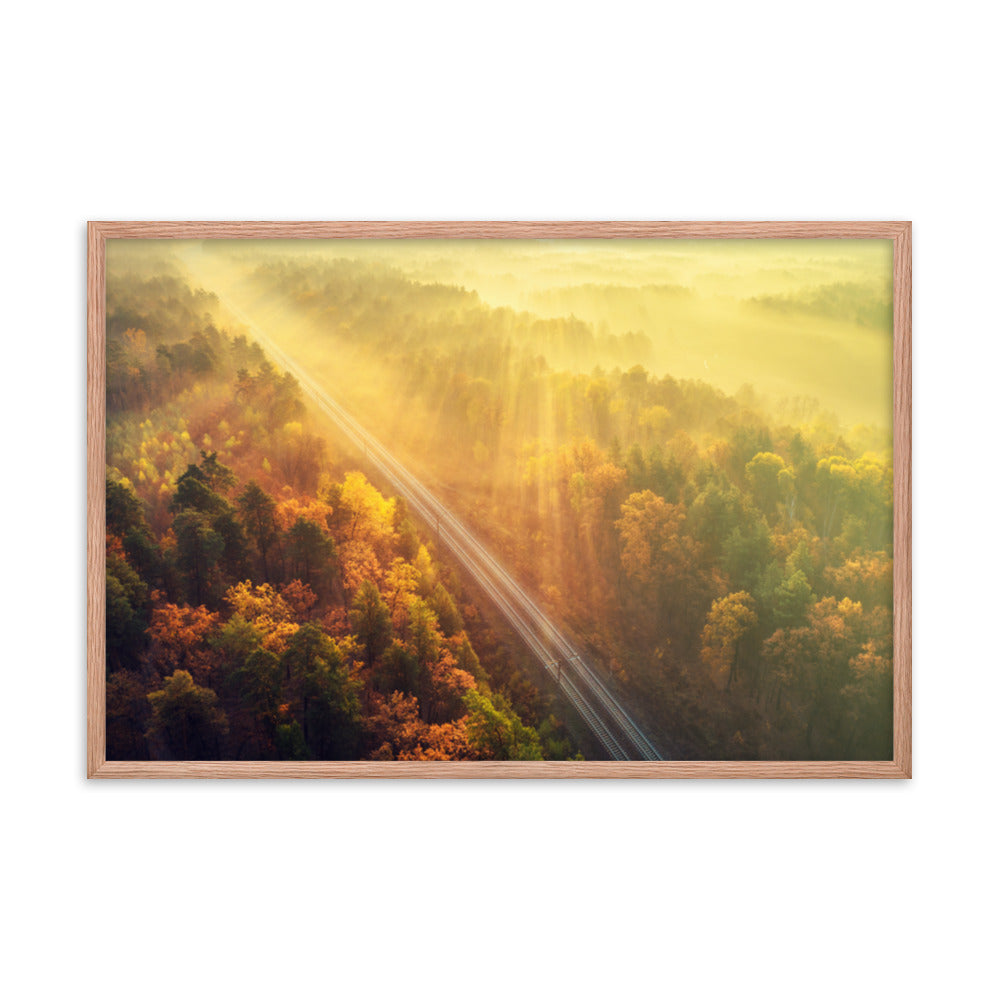 Sunrise Railroad Though Misty Forest With Golden Haze Effect Framed Wall Art Print