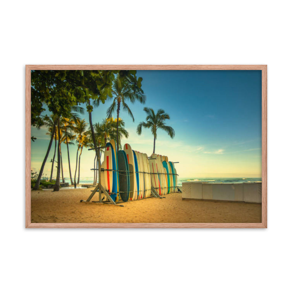 Your Wave is Waiting: Hawaiian Surfboard Dreams Coastal Lifestyle Landscape Framed Wall Art Print