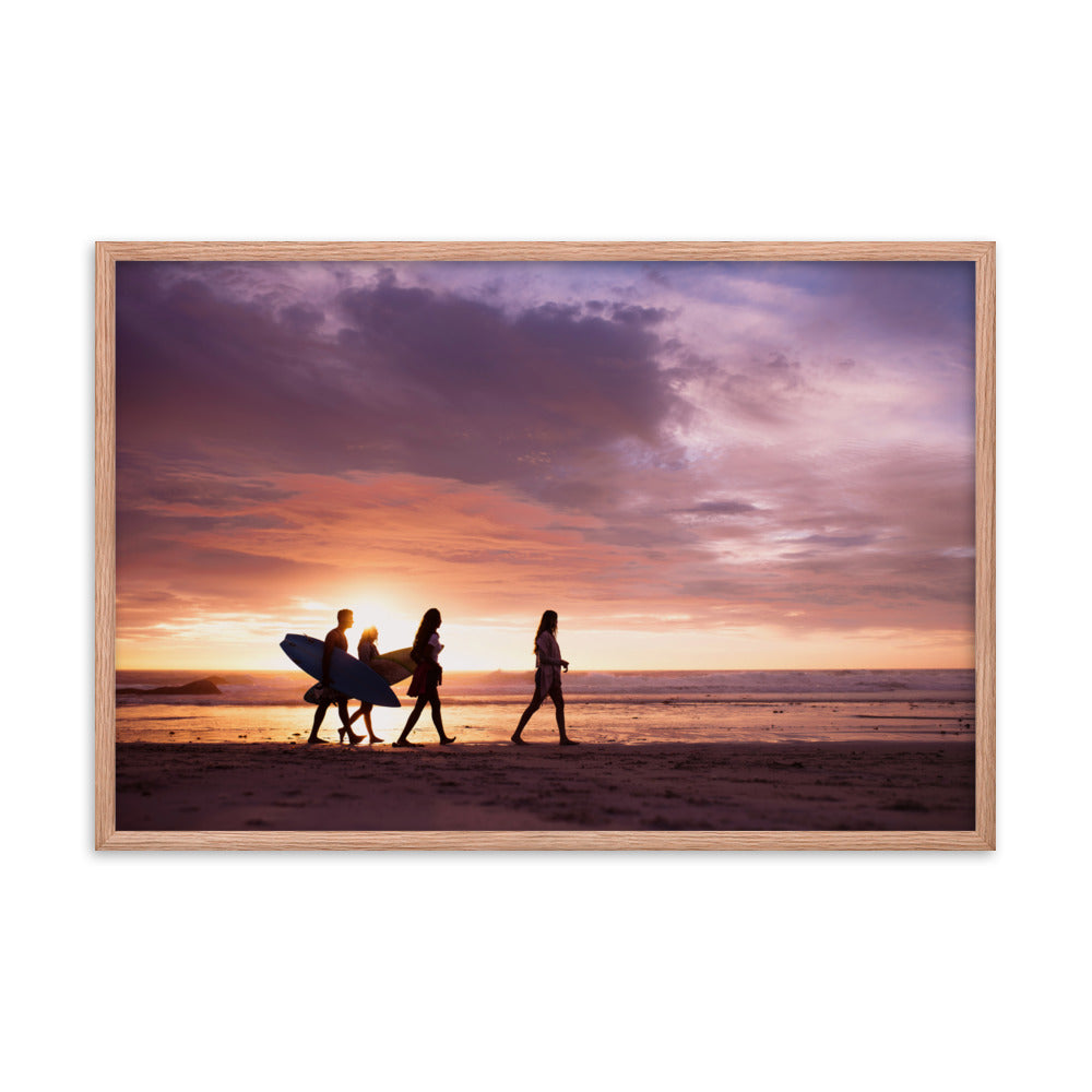 Surfers and Sunset on the Shore Coastal Landscape Lifestyle Photograph Framed Wall Art Print