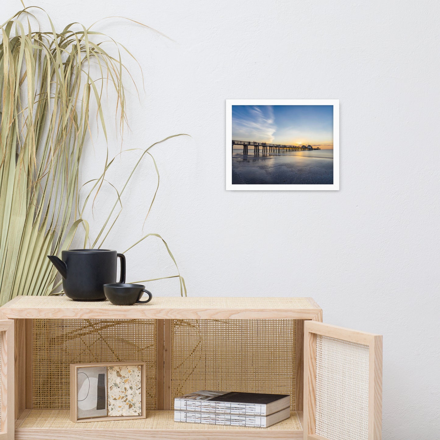 Sunset and the Naples Pier Coastal Beach Landscape Photograph Framed Wall Art Print