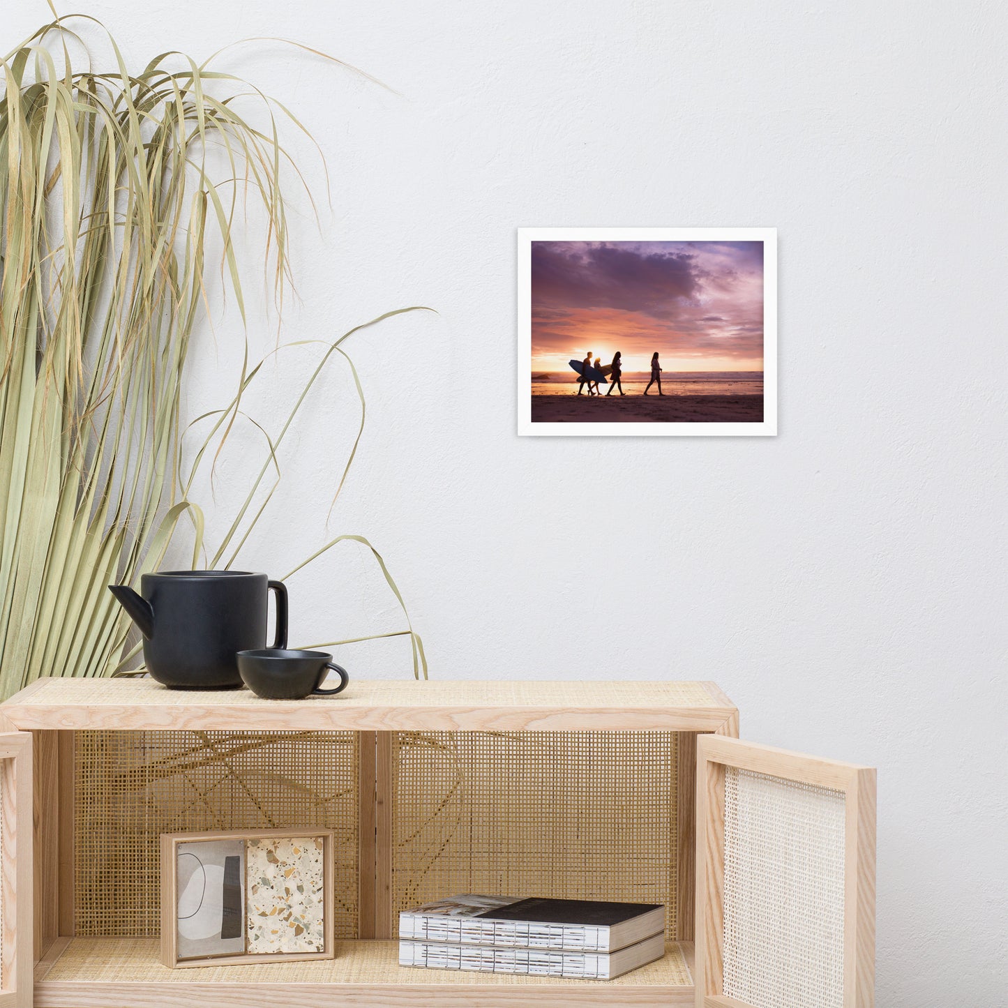 Surfers and Sunset on the Shore Coastal Landscape Lifestyle Photograph Framed Wall Art Print