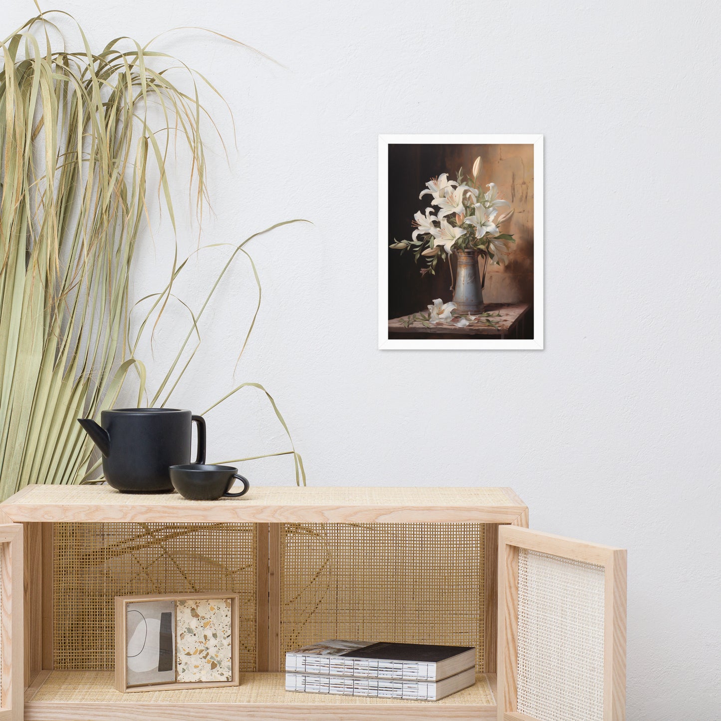 Modern Rustic Wall Decor: Luminous Tranquility Vase with Flowers Floral Still Life Pastel Drawing Painting Effect Digital Wall Art Print White Frame 12" x 16"