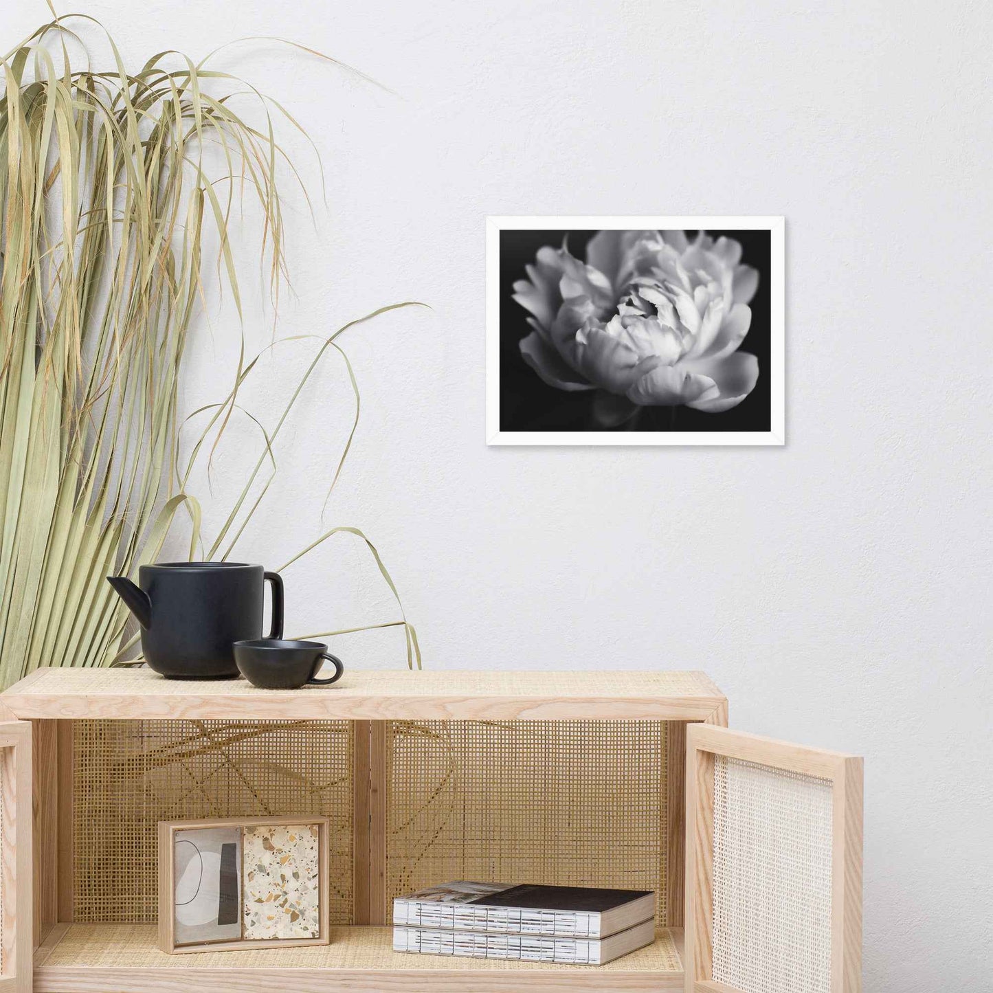 Shadow and Silk Floral Photorealistic Digital Art Peony Artwork Framed Print