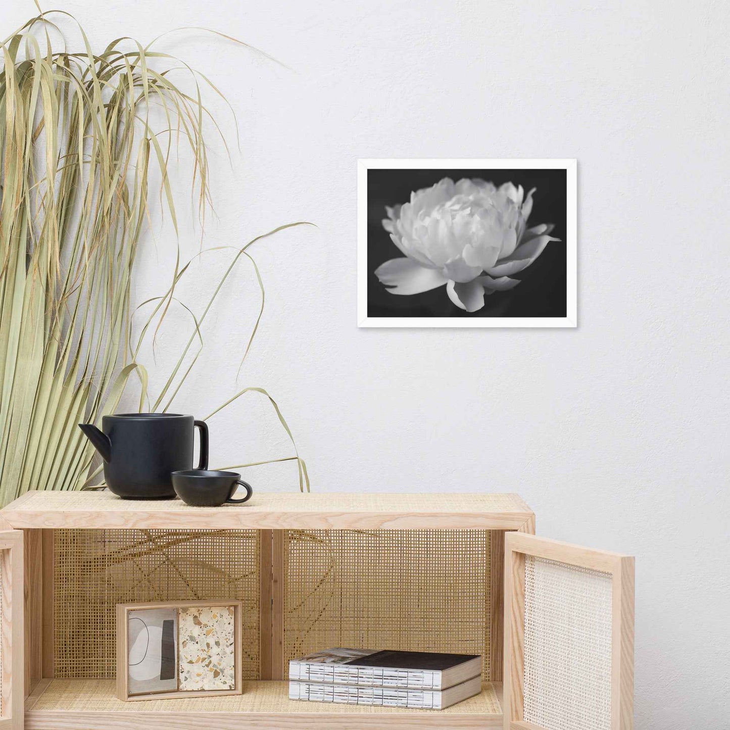 Velvet Shadows Floral Photorealistic Digital Artwork Peony Flower Prints Black and White Framed