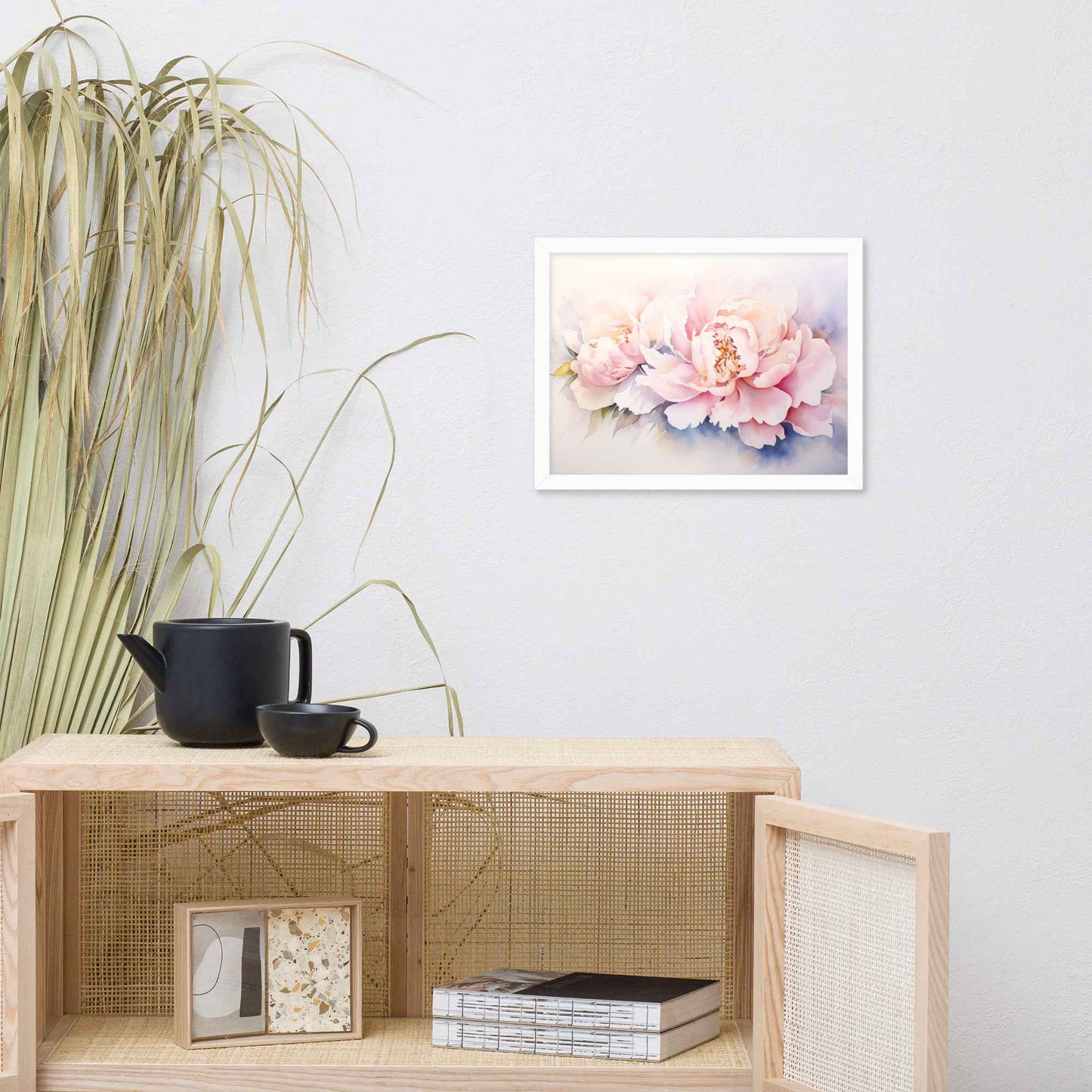 Softness in Bloom Watercolor Painting - Digital Artwork Famed Wall Art Print
