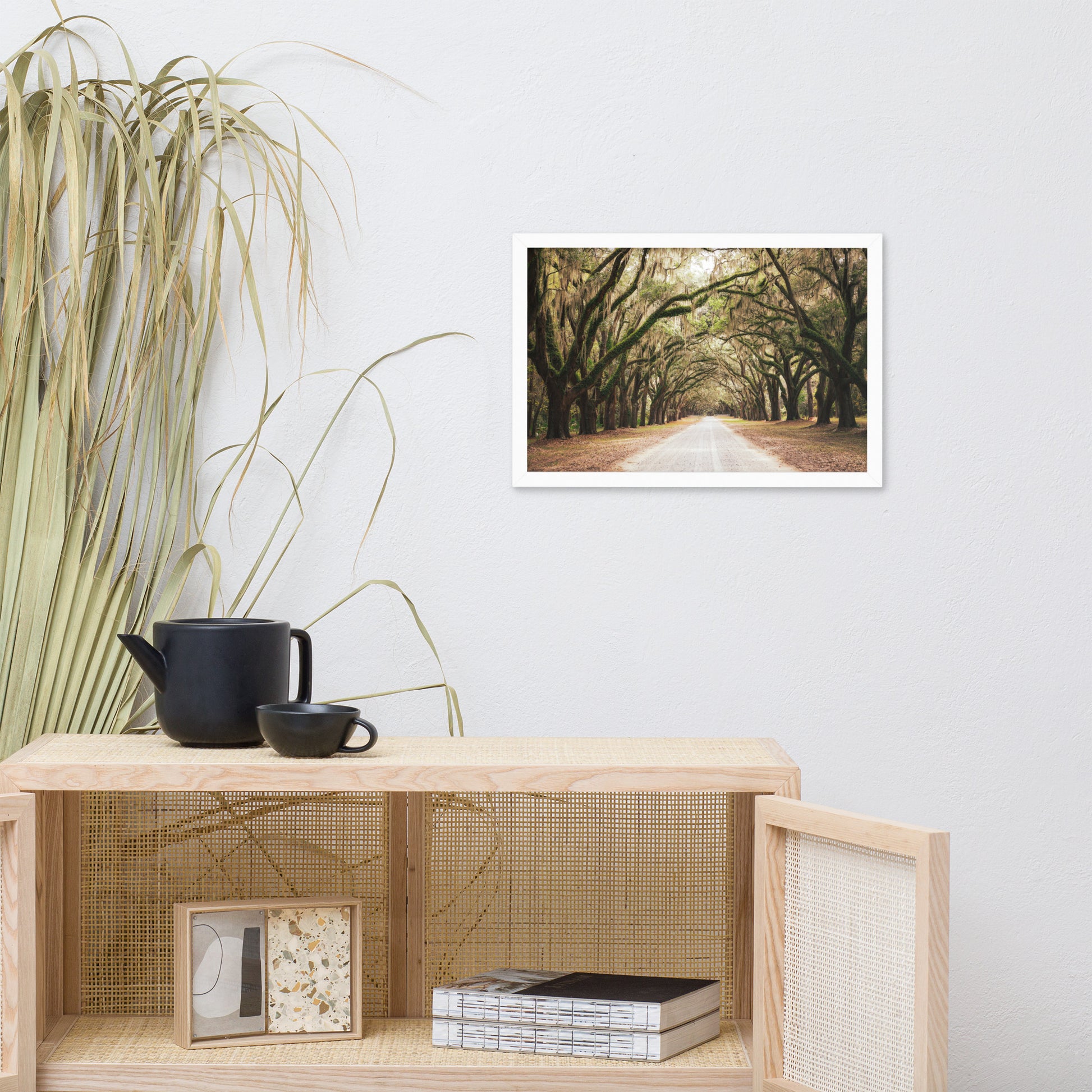 Boho Art Prints Framed: Live Oak Trees and Spanish Moss Roadway Savannah Ga Rustic Landscape Photo Framed White