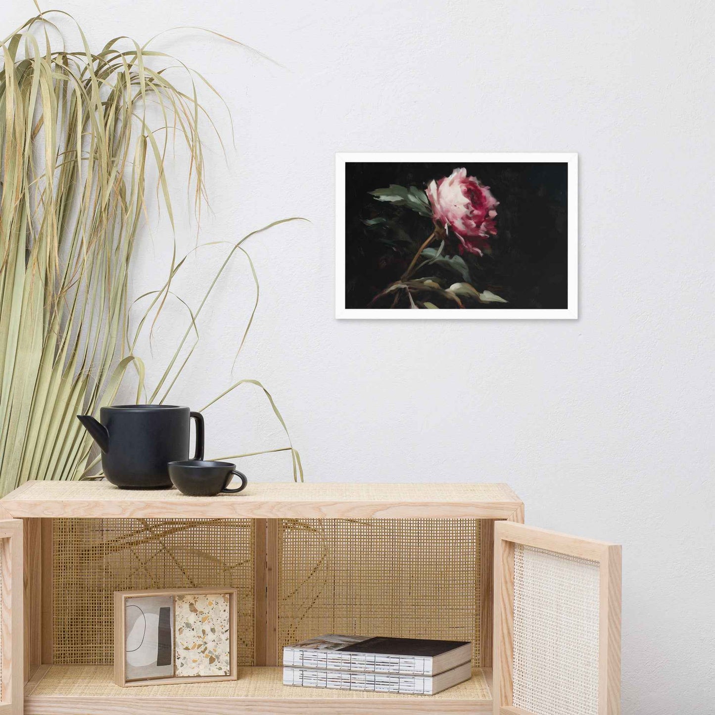 Pink Peony Painting: A Whisper in the Shadows Floral Digital Artwork Framed Wall Art Print