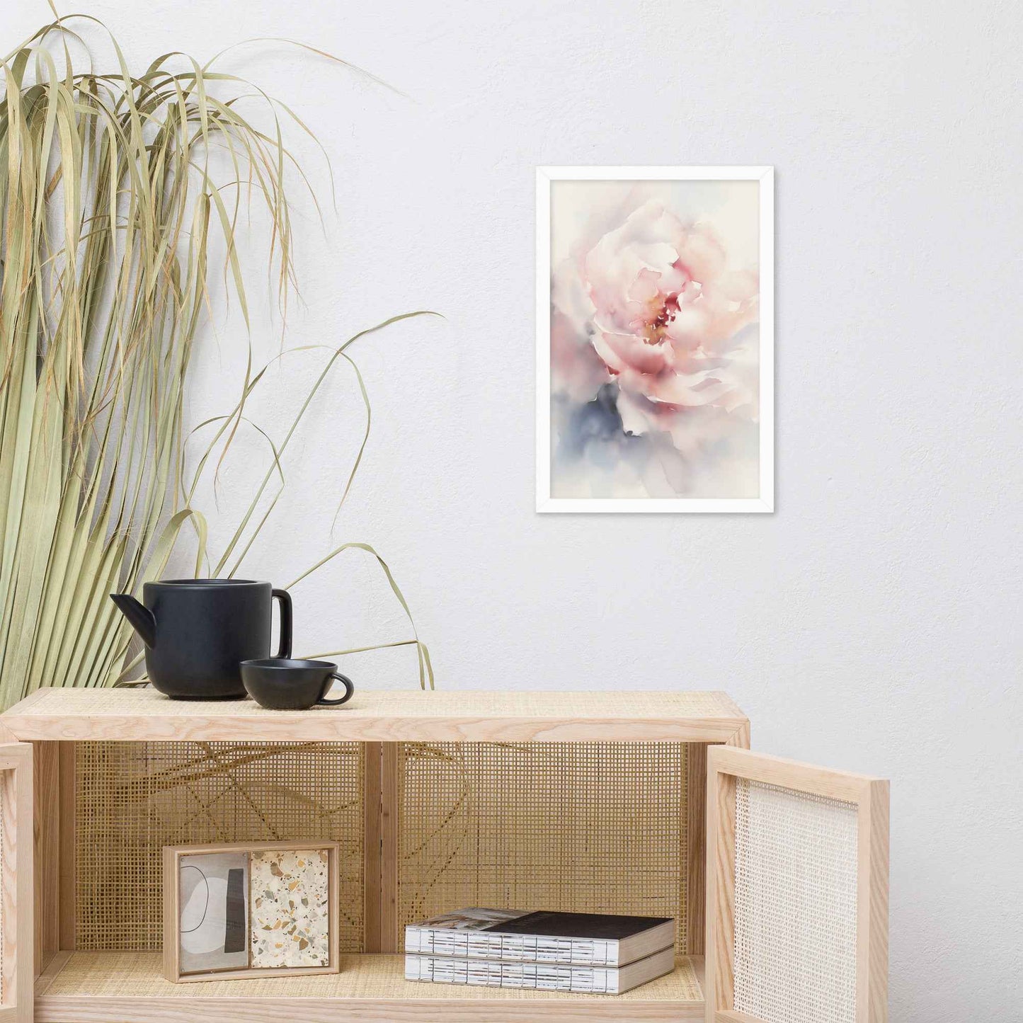 Graceful Stillness Floral Digital Watercolor Artwork Pink Peony Print Framed Wall Art
